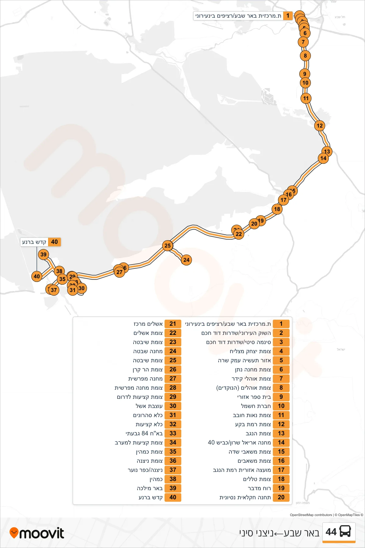 44 bus Line (Beer Sheva‎→Nitzanei Sinai) route and stops on a map