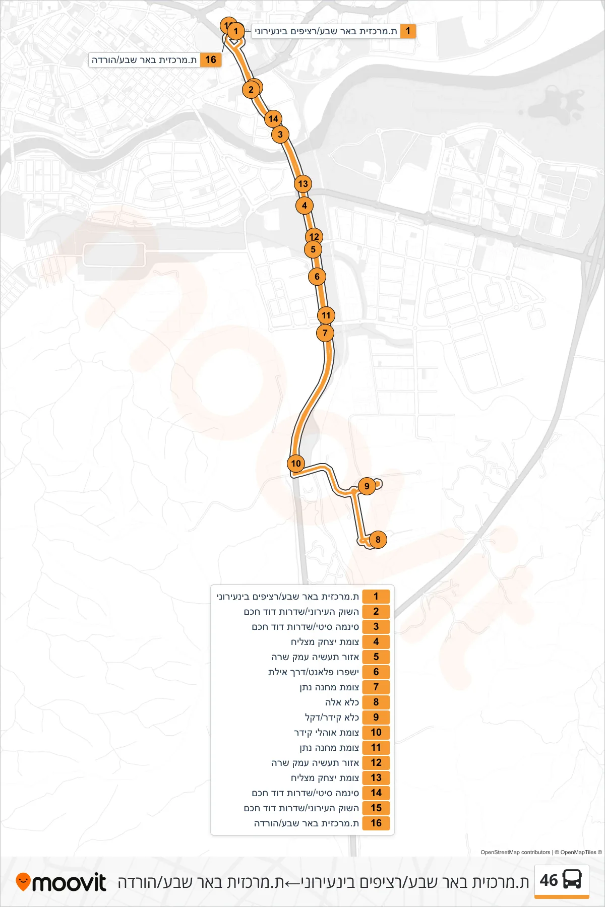 46 bus Line (Beer Sheva Central Station/Intercity Platforms‎→Beer Sheva Central Station/Drop Off) route and stops on a map