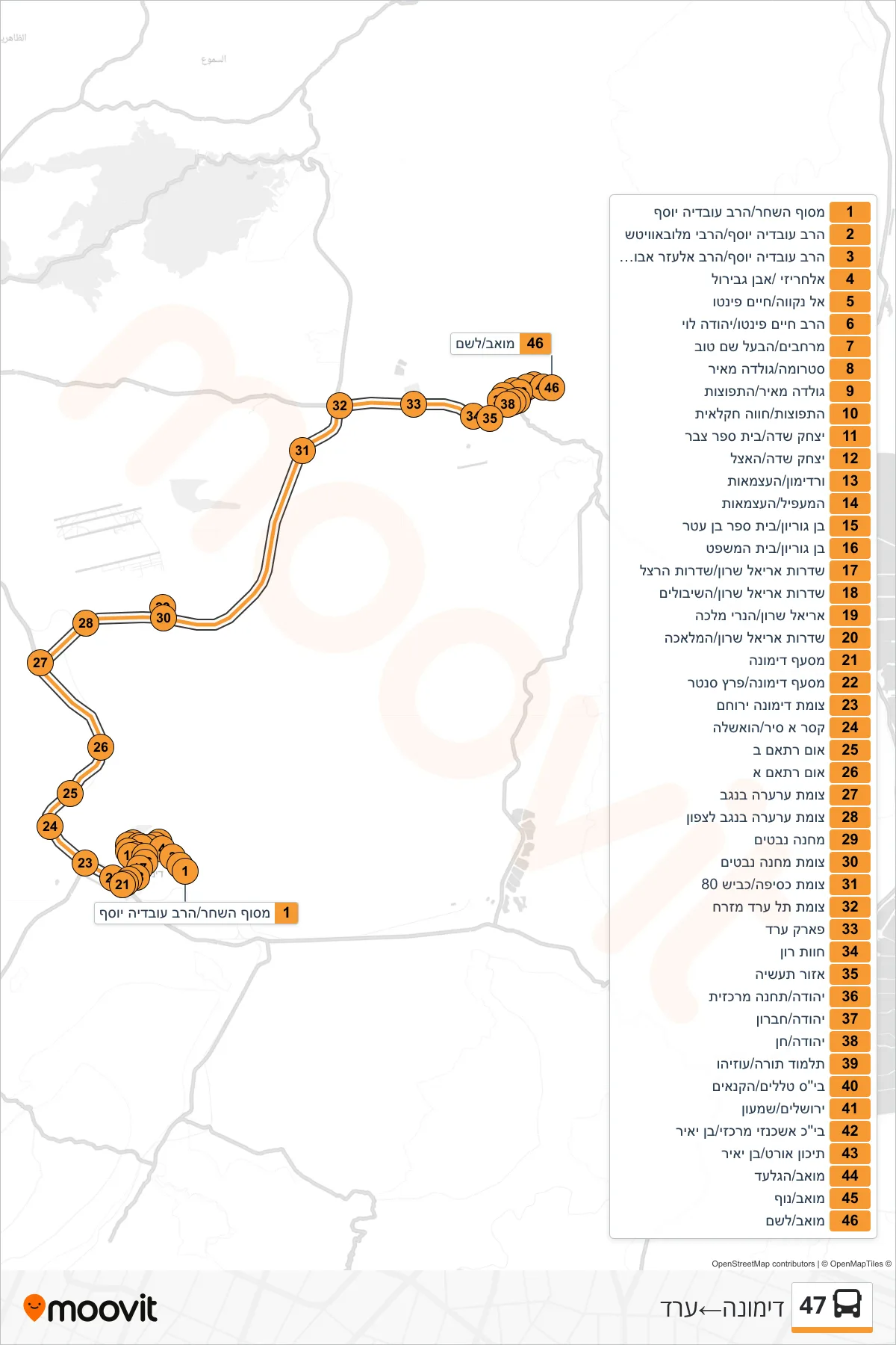 47 bus Line (Dimona‎→Arad) route and stops on a map