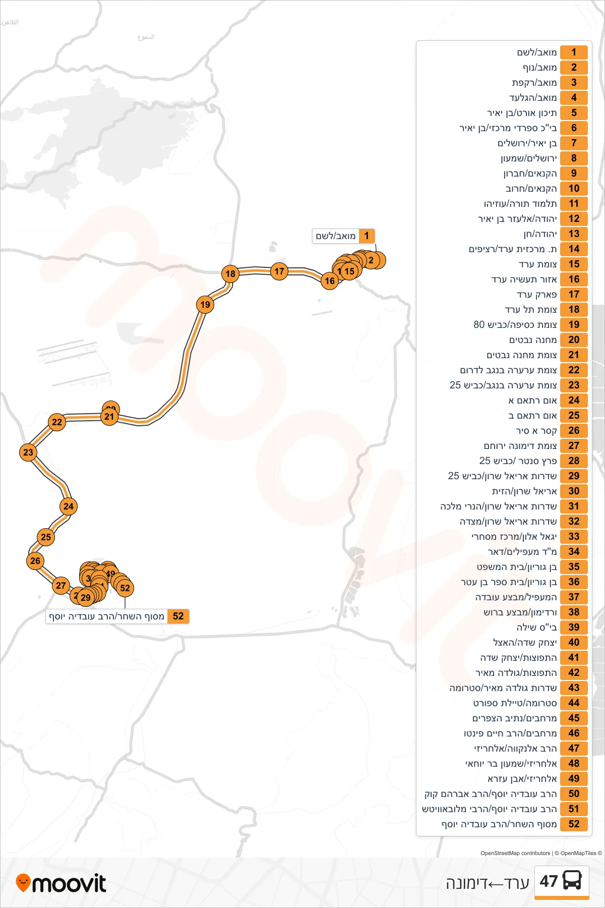 47 bus Line (Arad‎→Dimona) route and stops on a map