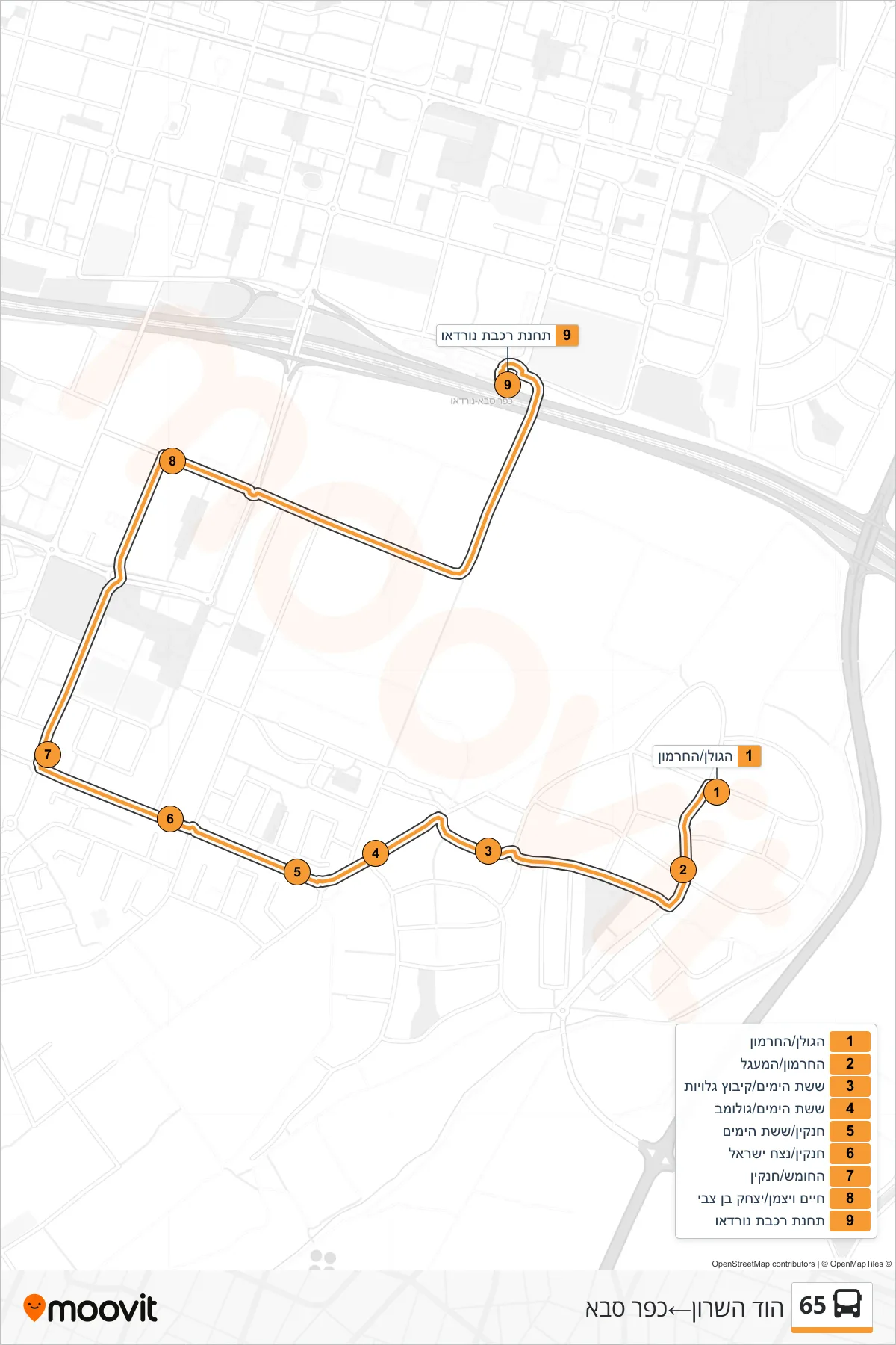 65 bus Line (Hod HaSharon→Kfar Saba) route and stops on a map