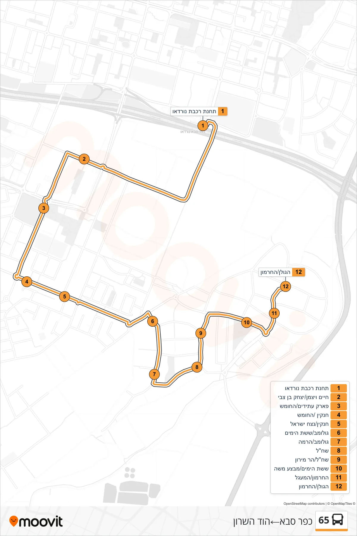 65 bus Line (Kfar Saba‎→Hod HaSharon) route and stops on a map