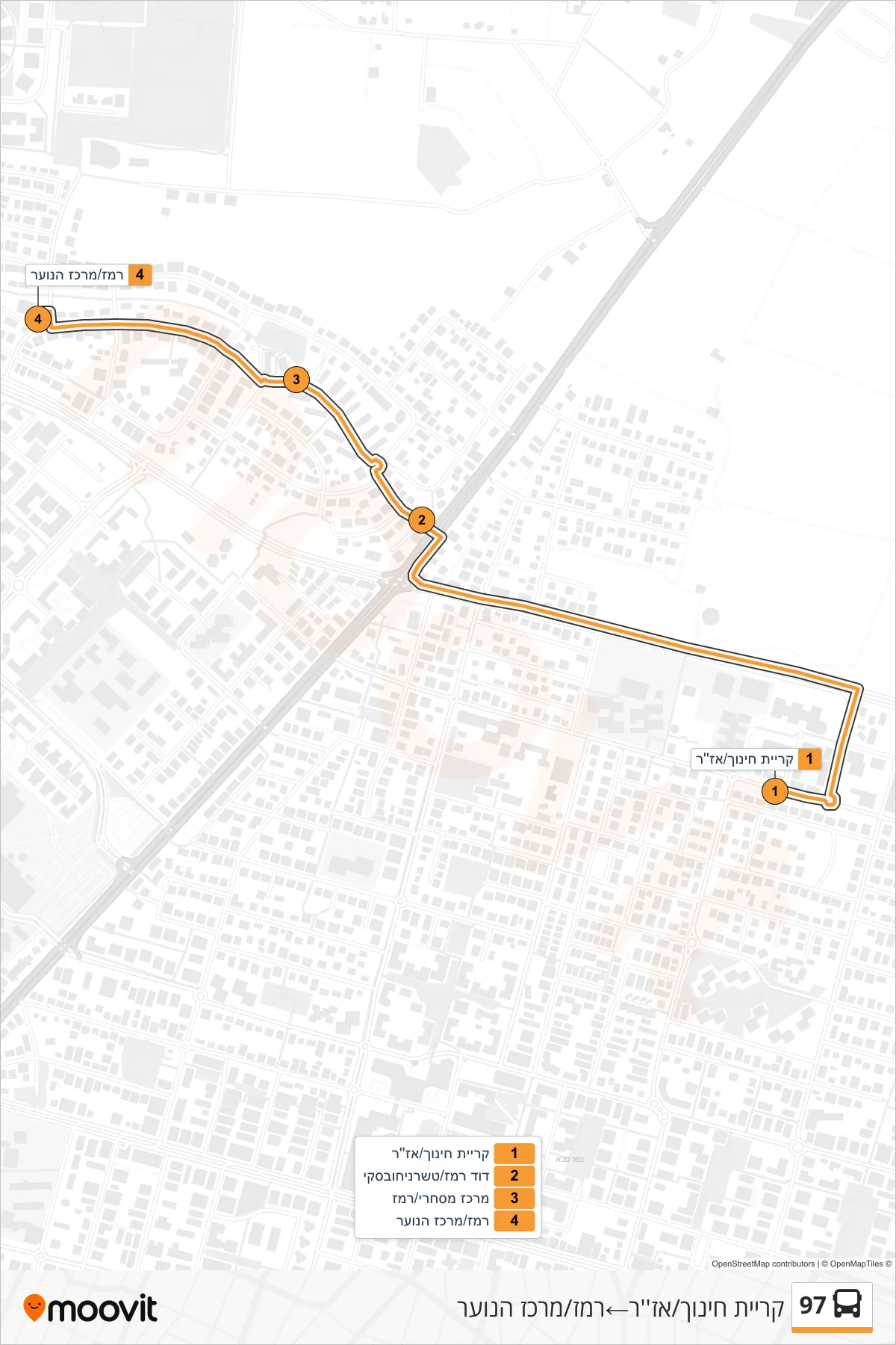 97 bus Line (Education Campus/Azar‎→Remez/Youth Center) route and stops on a map