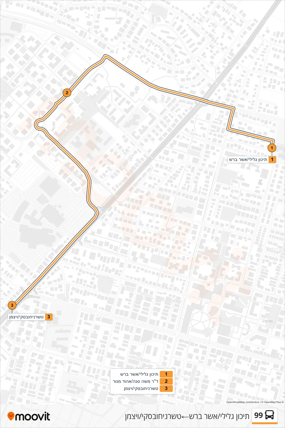 99 bus Line (Galili High School/Asher Barash‎→Tchernichovsky/Weizmann) route and stops on a map