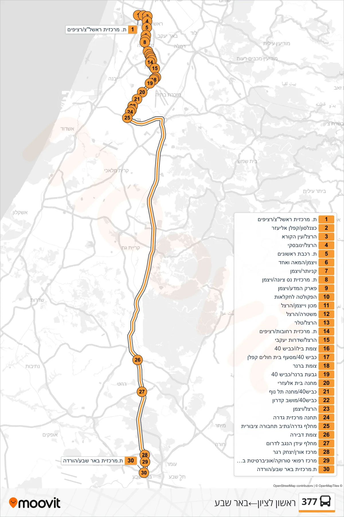 377 bus Line (Rishon LeZion→Beer Sheva) route and stops on a map