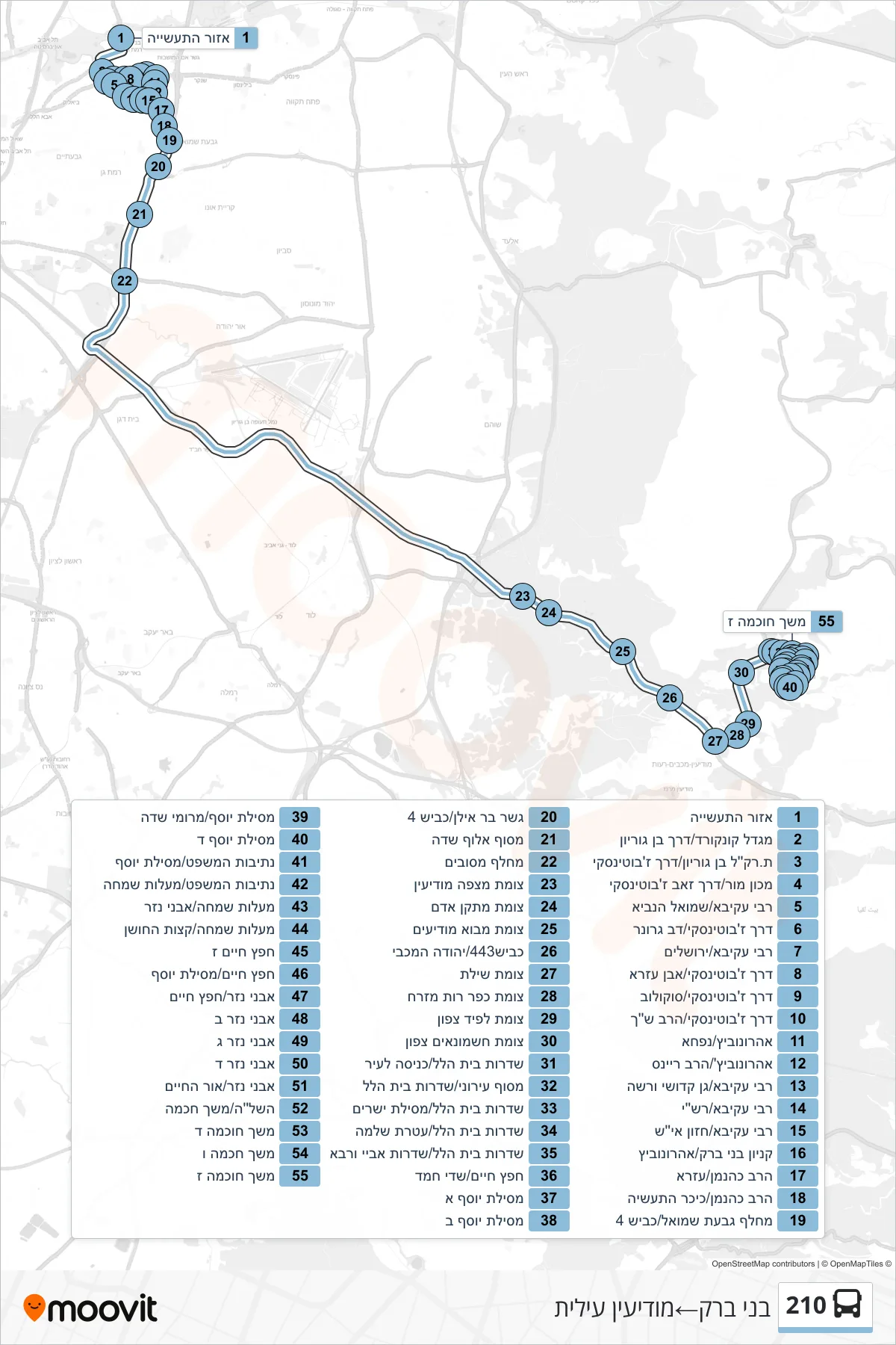 210 bus Line (Bnei Brak‎→Modi'in Illit) route and stops on a map