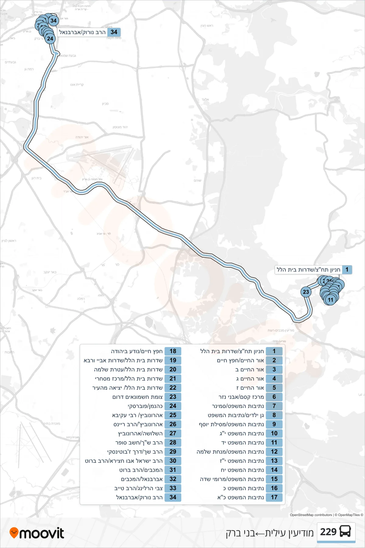 229 bus Line (Modi'in Illit‎→Bnei Brak) route and stops on a map