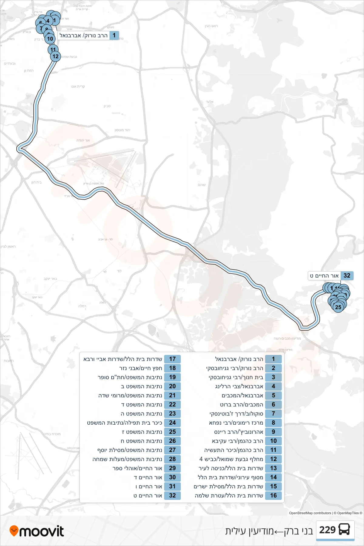 229 bus Line (Bnei Brak→Modi'in Illit) route and stops on a map