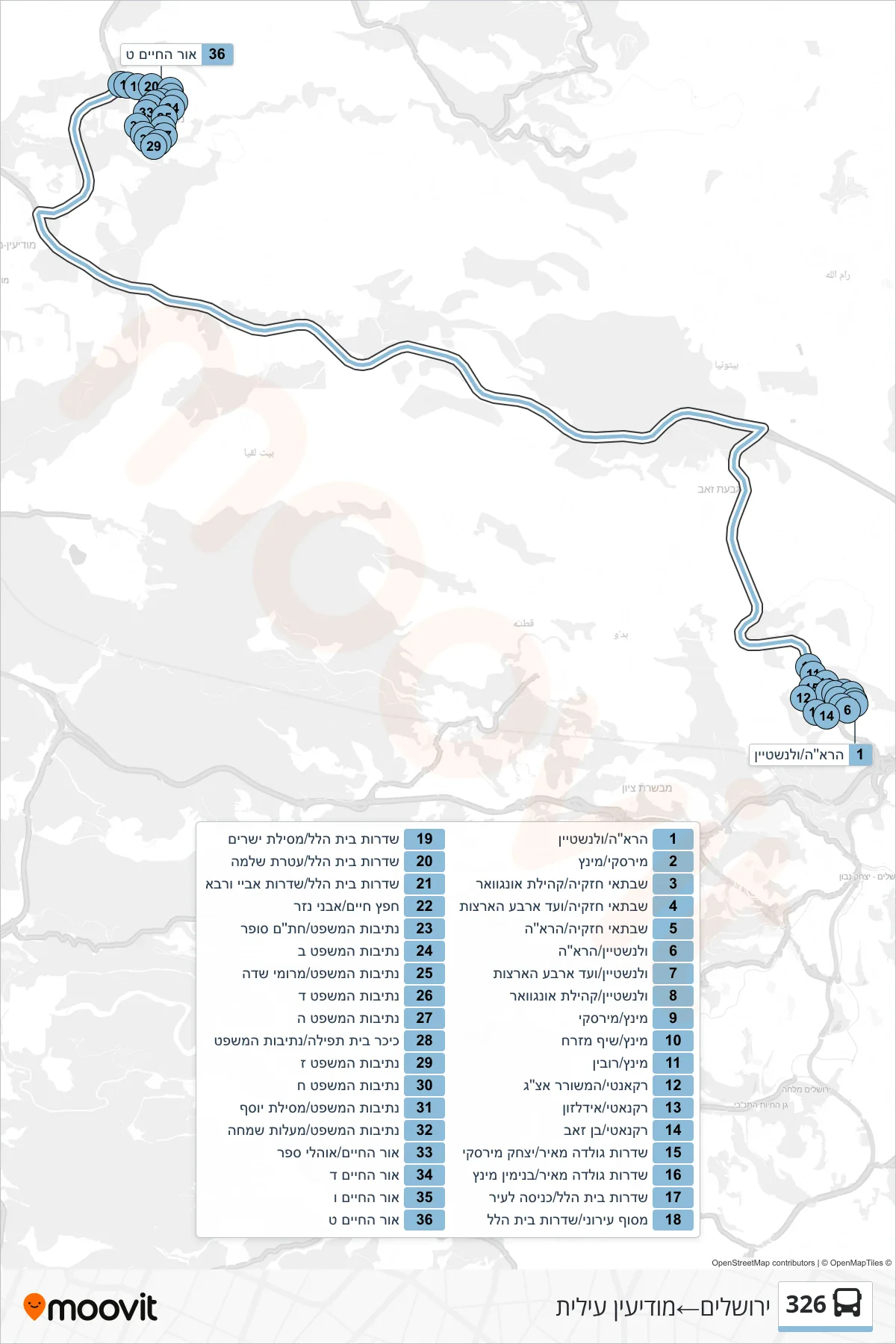 326 bus Line (Jerusalem‎→Modi'in Illit) route and stops on a map