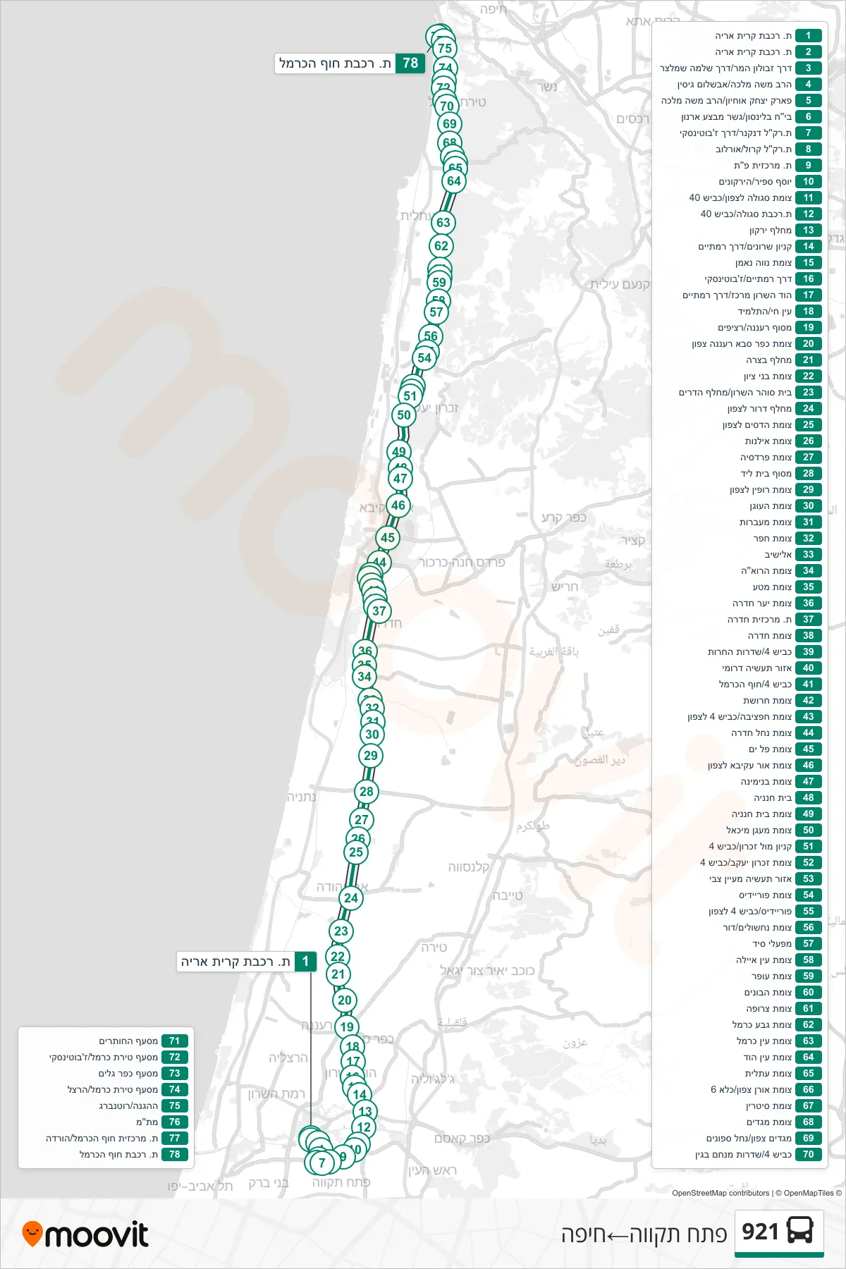 921 bus Line (Petah Tikva‎→Haifa) route and stops on a map
