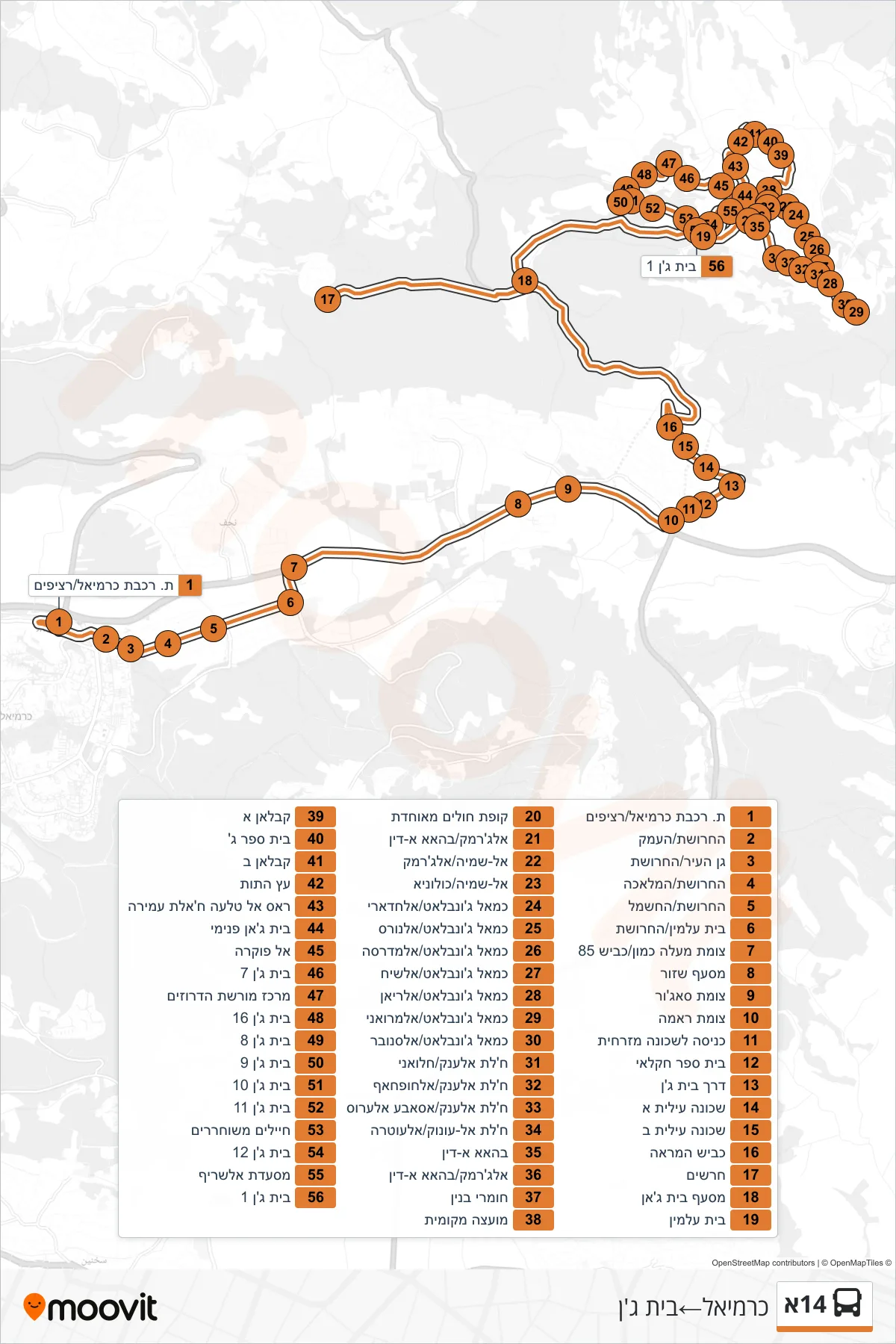 14A bus Line (Carmiel‎→Beit Jann) route and stops on a map