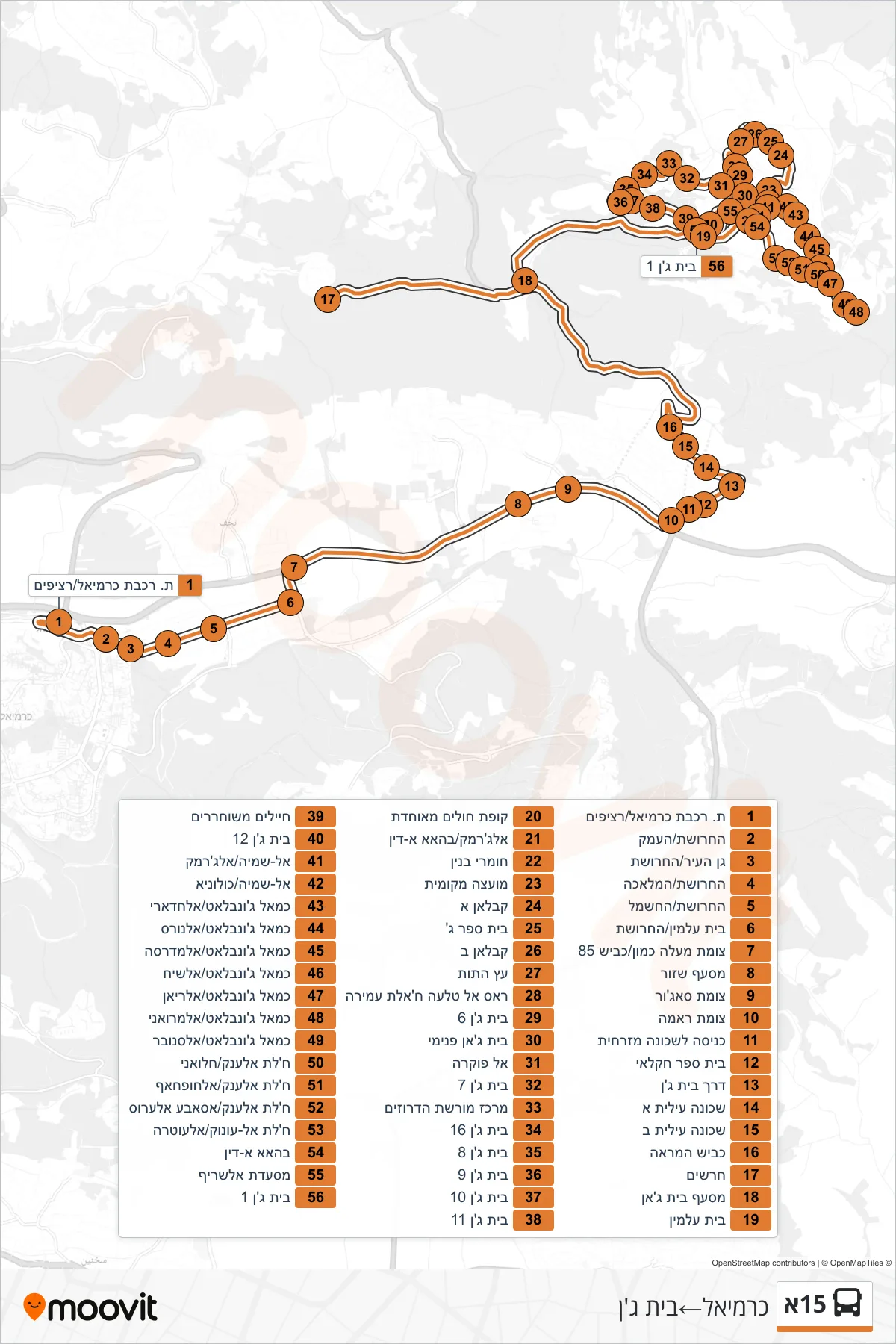 15A bus Line (Carmiel‎→Beit Jann) route and stops on a map