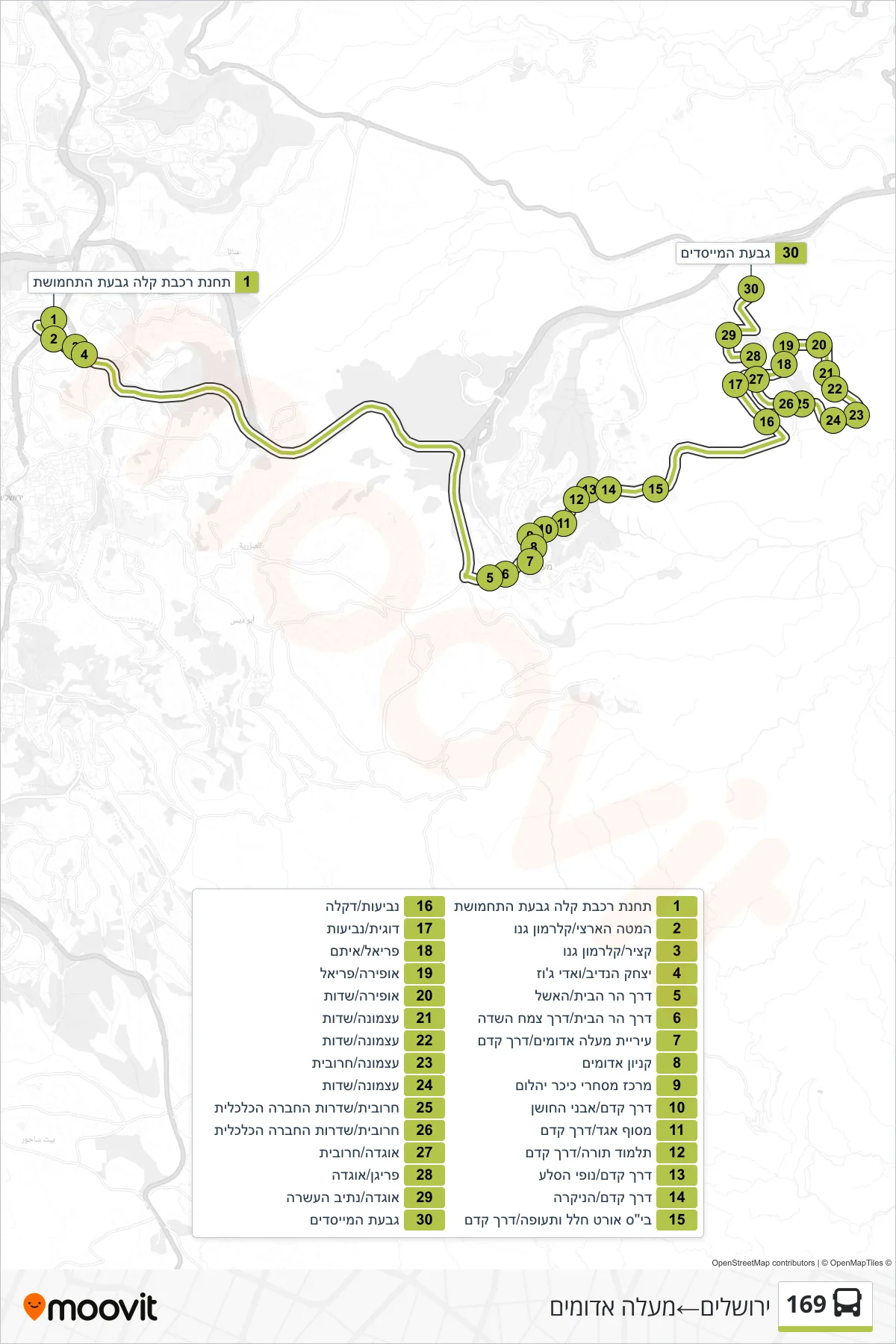 169 bus Line (Jerusalem‎→Ma'ale Adumim) route and stops on a map