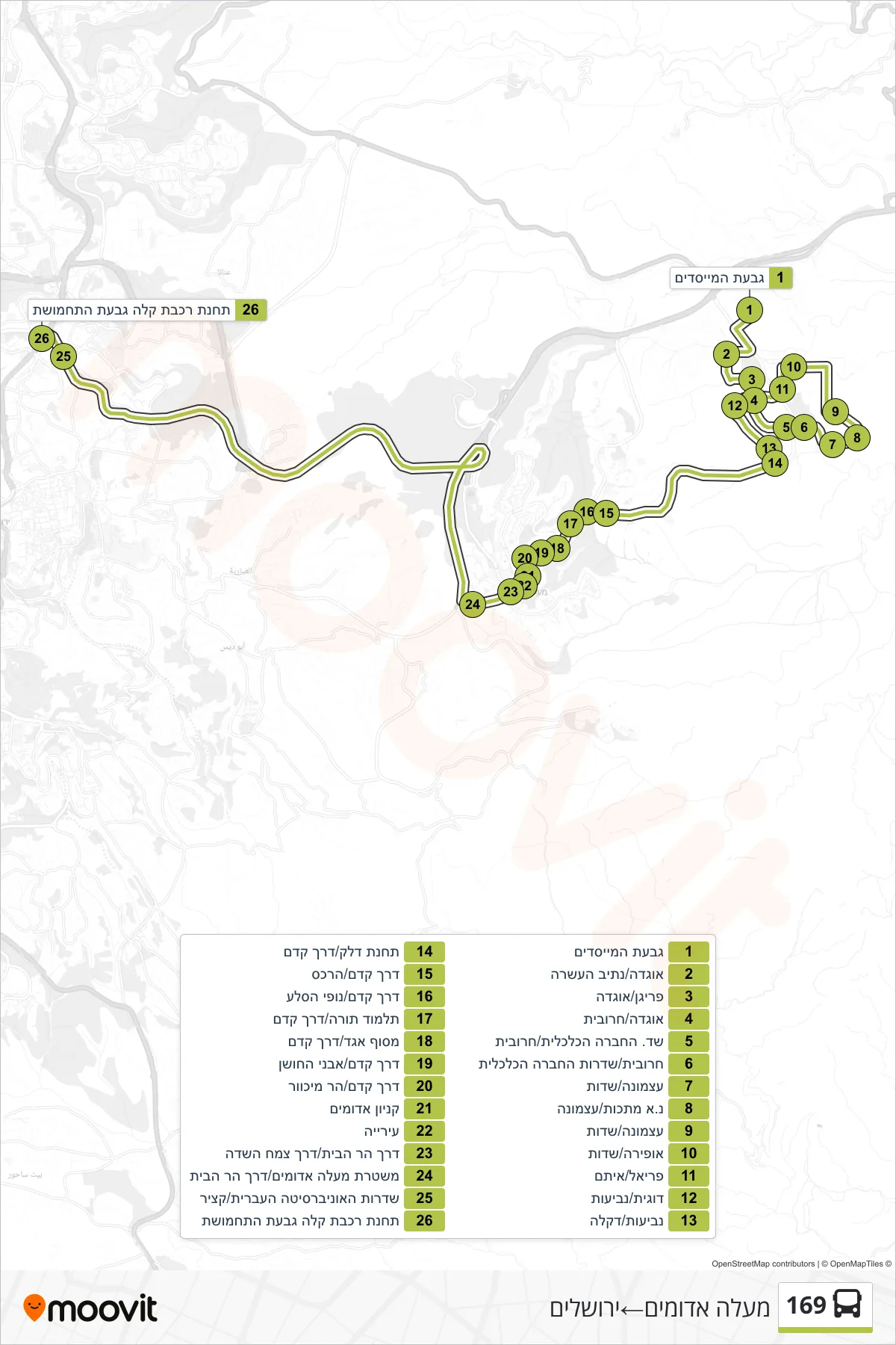 169 bus Line (Ma'ale Adumim‎→Jerusalem) route and stops on a map