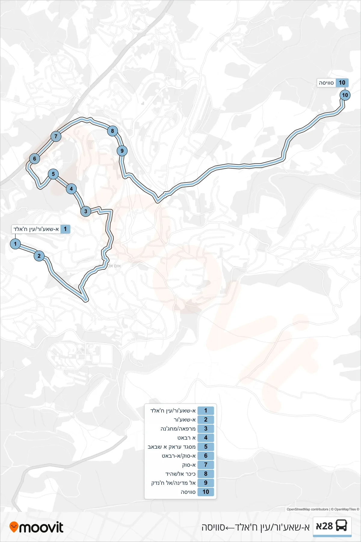 28A bus Line (A-Shaghur/Ein Khaled→Suissa) route and stops on a map