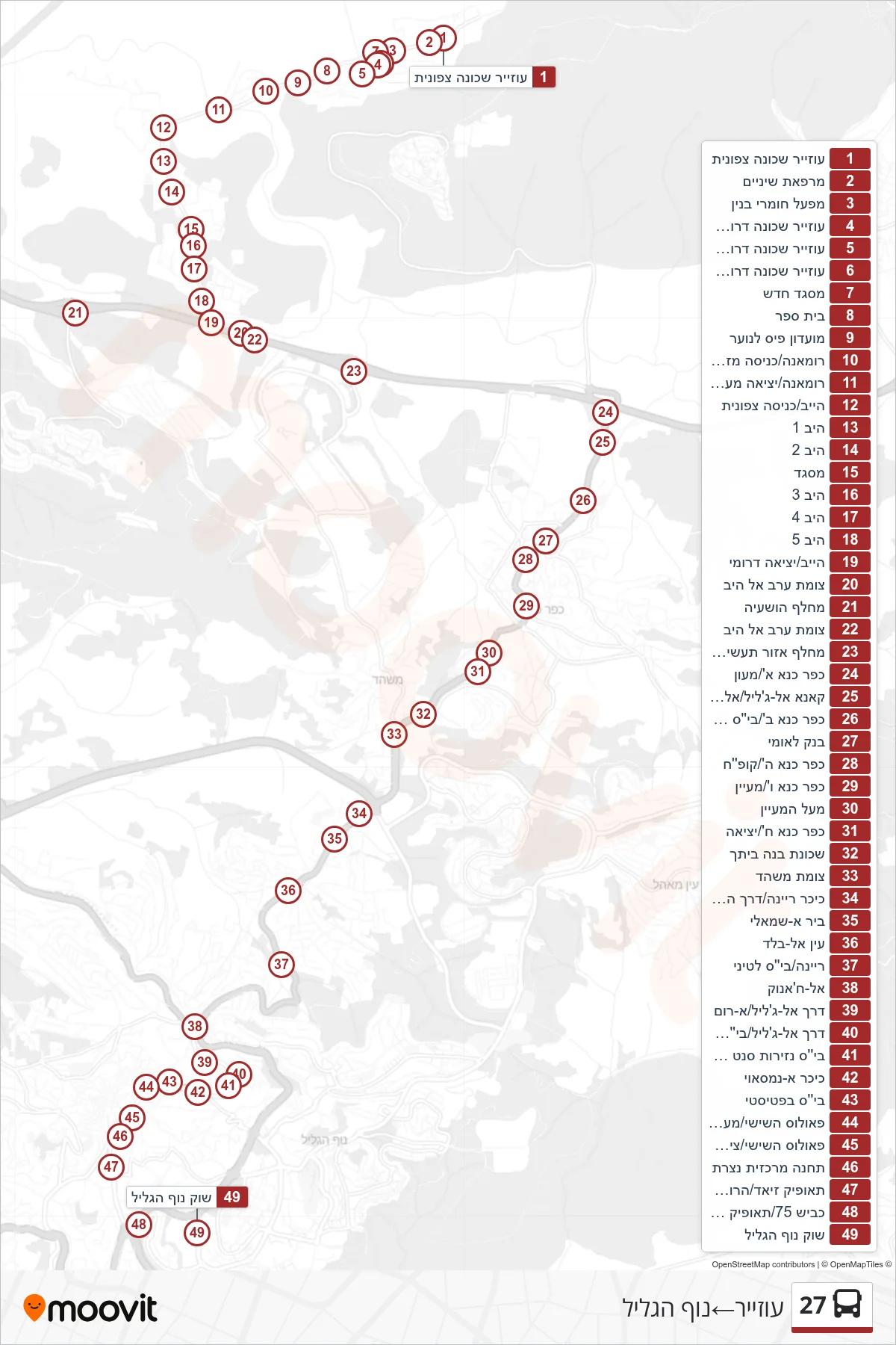 27  Line (Uzeir‎→Nof HaGalil) route and stops on a map