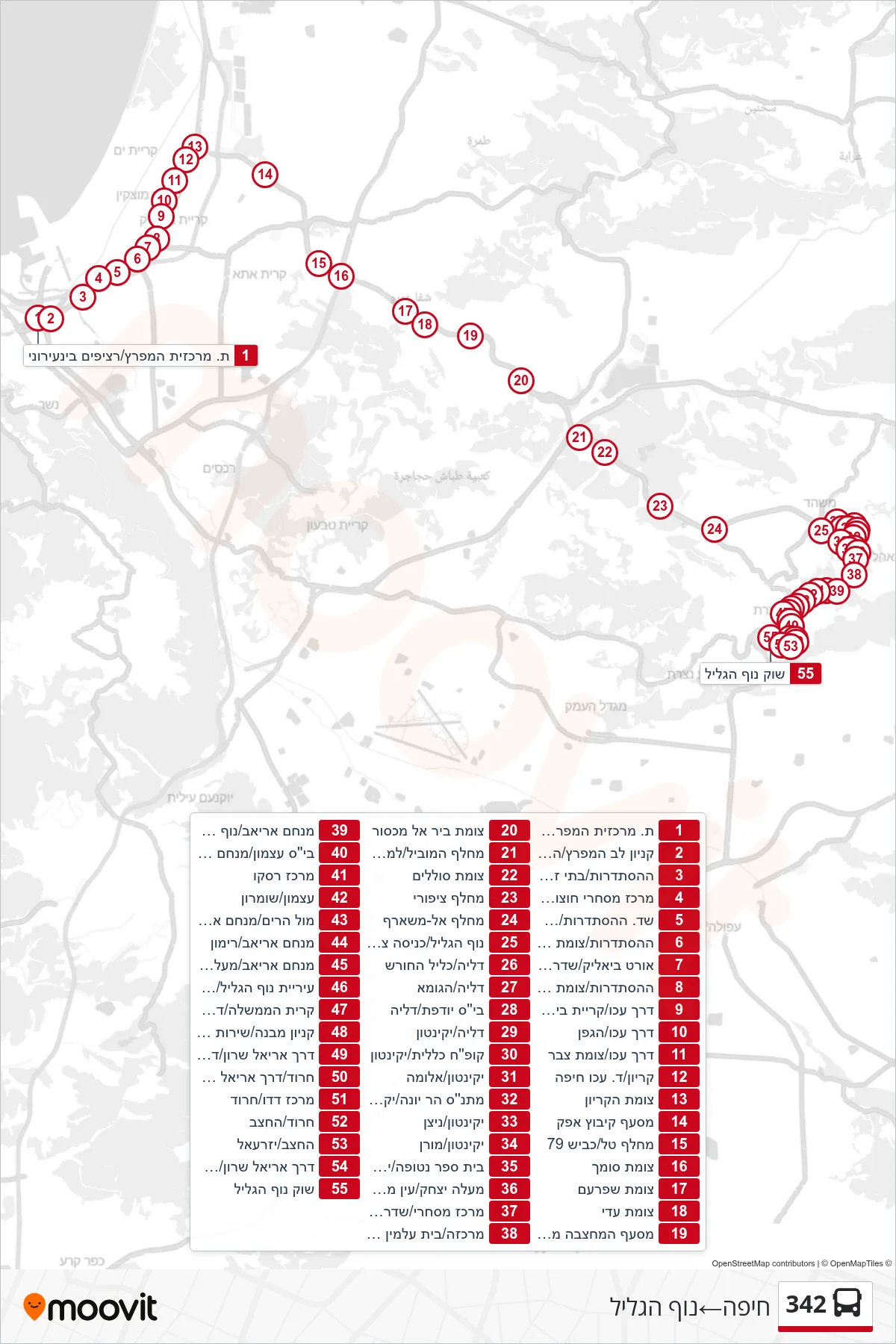 342 bus Line (Haifa‎→Nof HaGalil) route and stops on a map