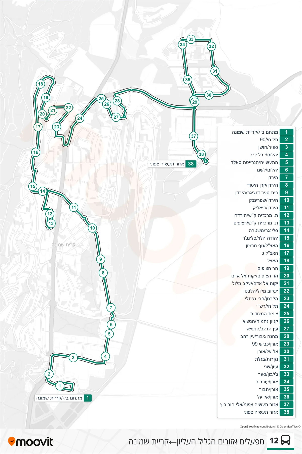 12 bus Line (Upper Galilee Industrial Zone→Kiryat Shmona) route and stops on a map