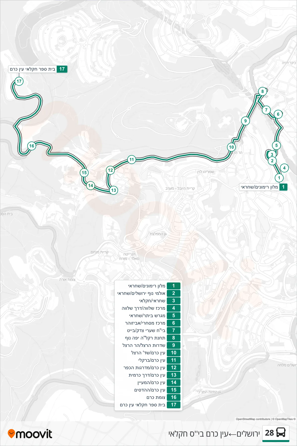 28 bus Line (Jerusalem‎→Ein Kerem Agricultural School) route and stops on a map
