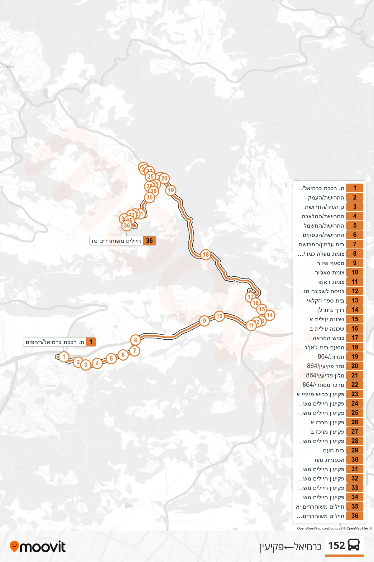 152 bus Line (Carmiel‎→Peki'in) route and stops on a map