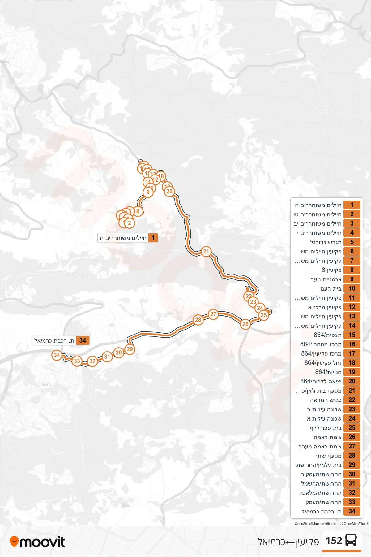 152 bus Line (Peki'in‎→Carmiel) route and stops on a map