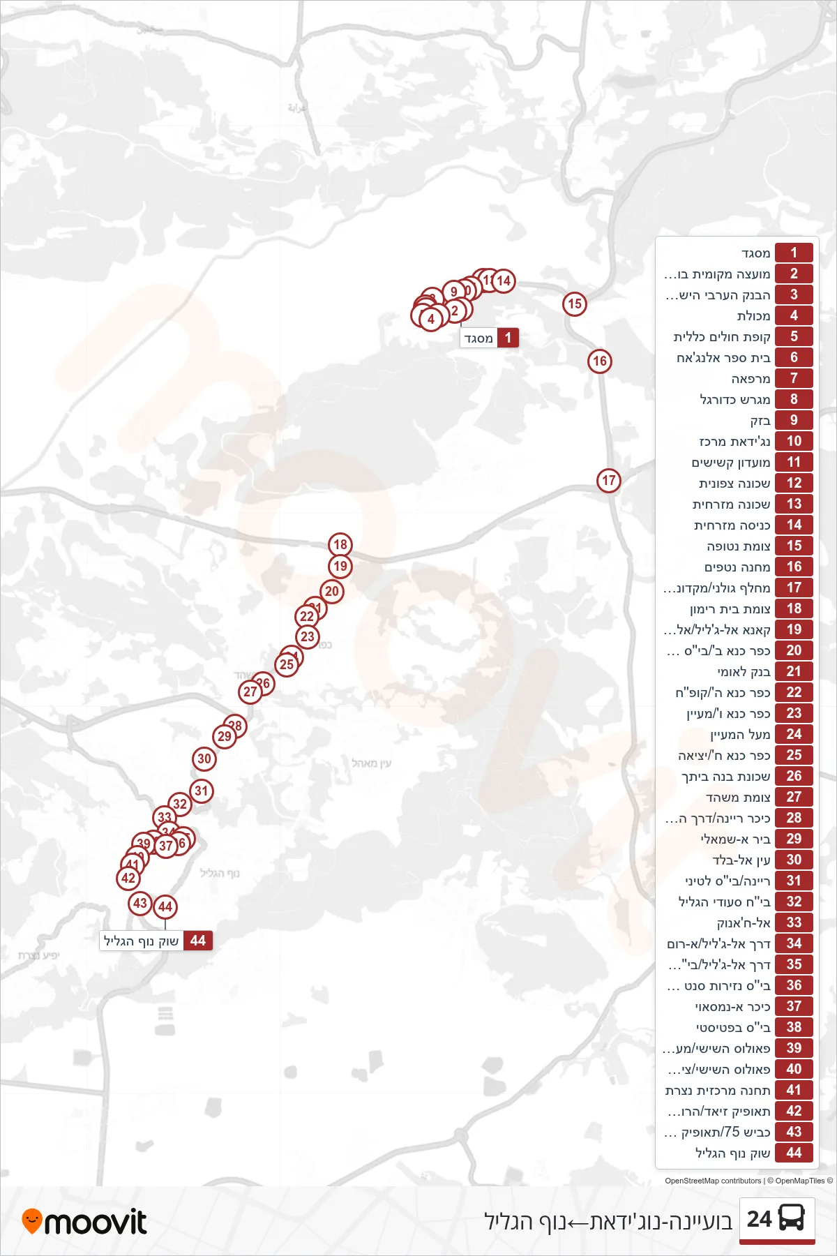 24 bus Line (Bu'eine-Nujeidat‎→Nof HaGalil) route and stops on a map