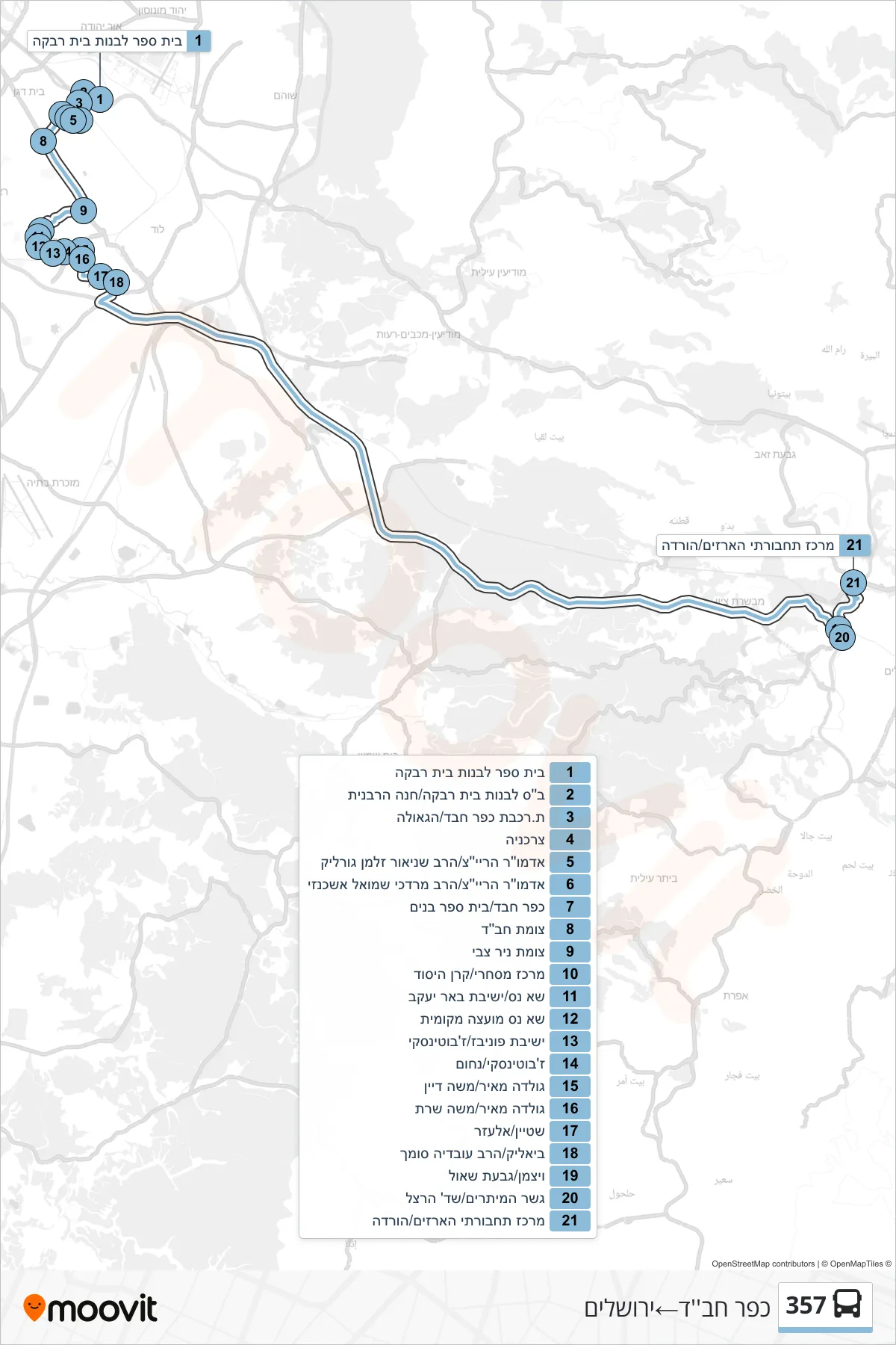 357 bus Line (Kfar Chabad‎→Jerusalem) route and stops on a map