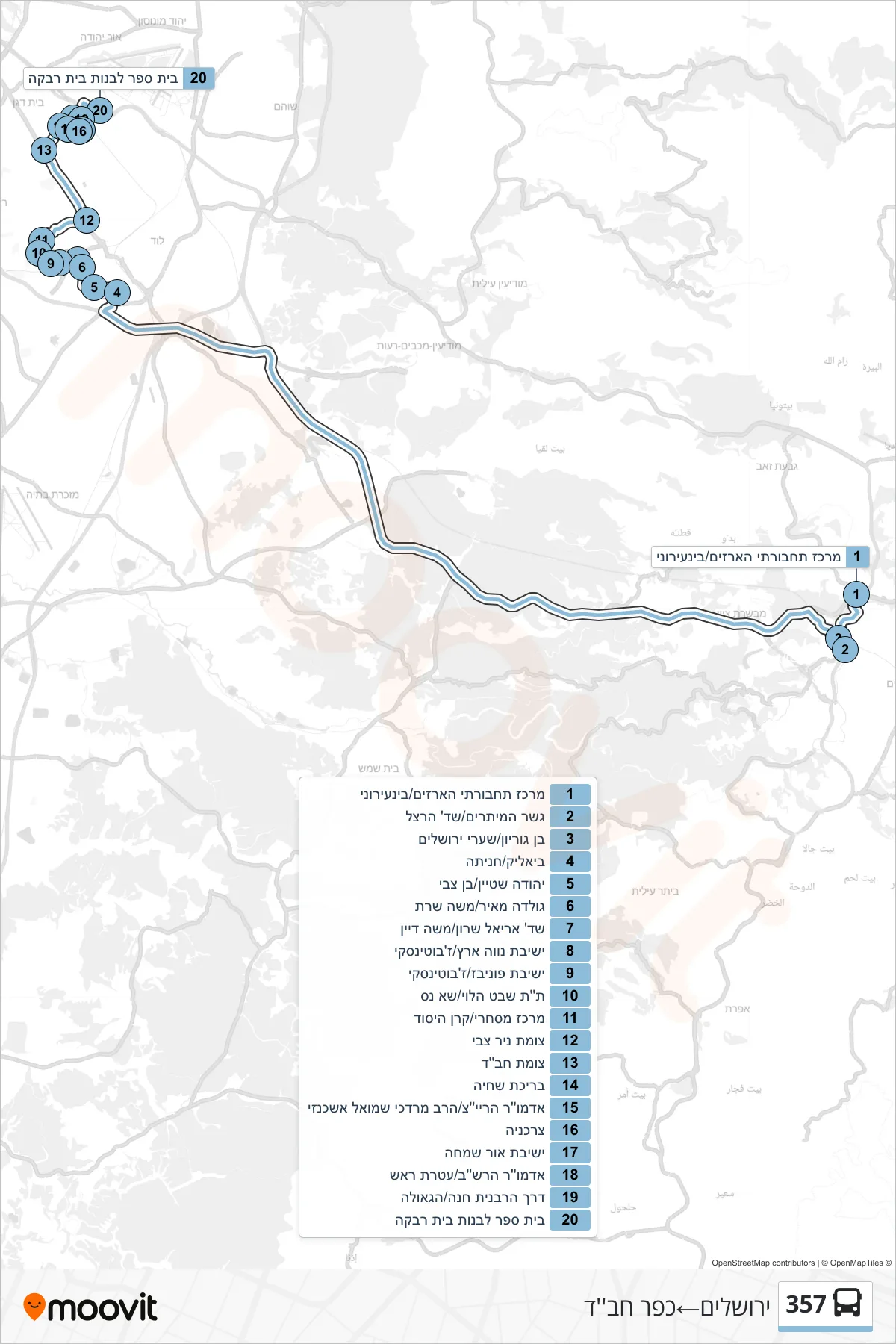 357 bus Line (Jerusalem‎→Kfar Chabad) route and stops on a map