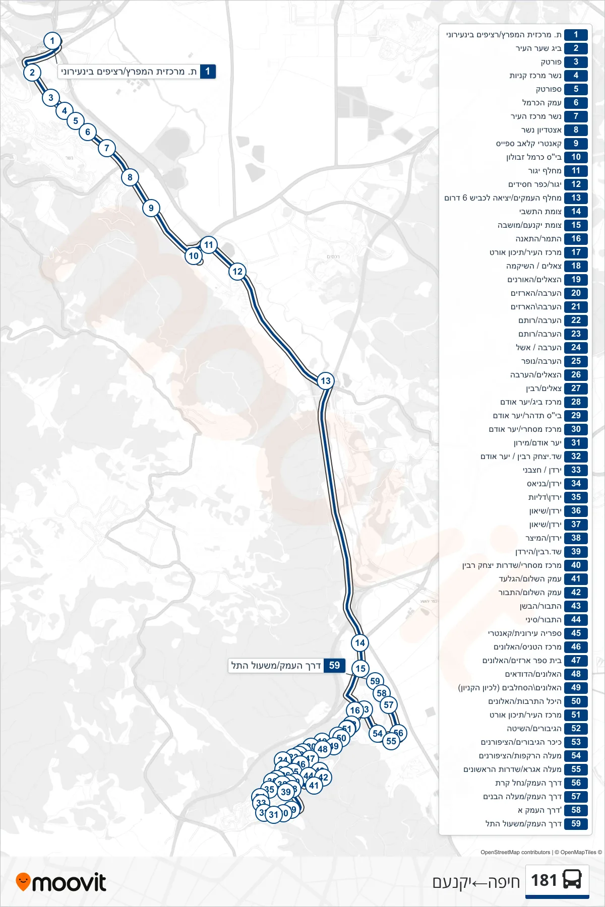 181 bus Line (Haifa‎→Yokneam) route and stops on a map