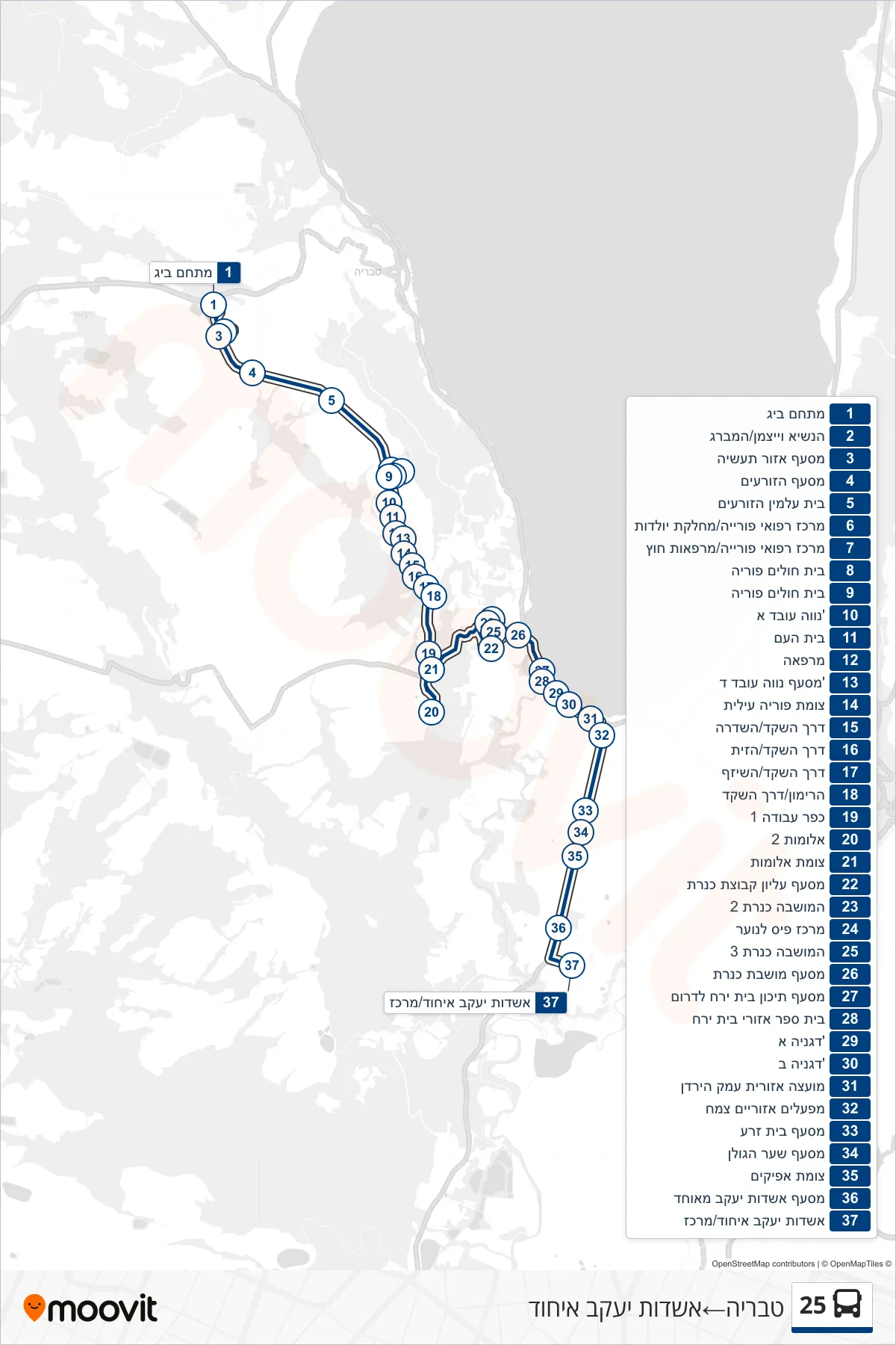 25 bus Line (Tiberias‎→Ashdot Yaakov Ihud) route and stops on a map