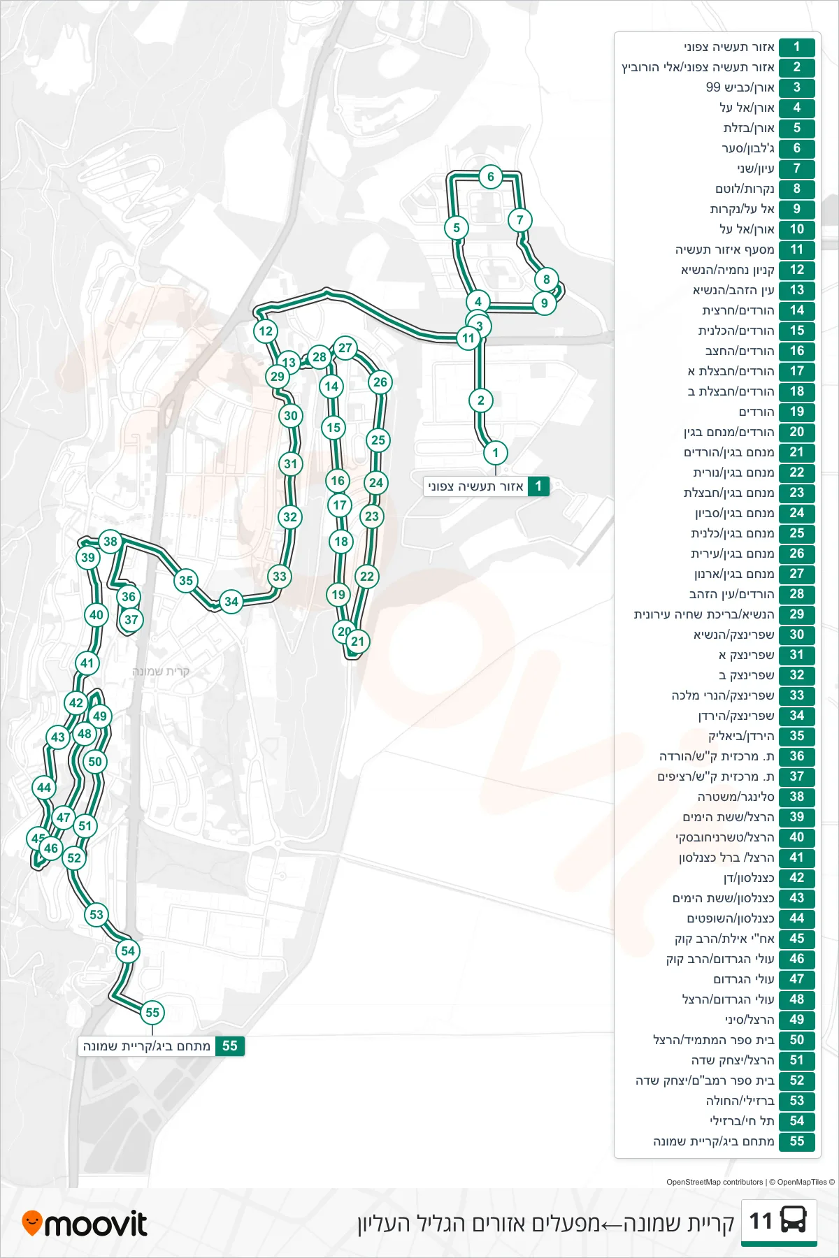 11 bus Line (Kiryat Shmona‎→Upper Galilee Industrial Zone) route and stops on a map