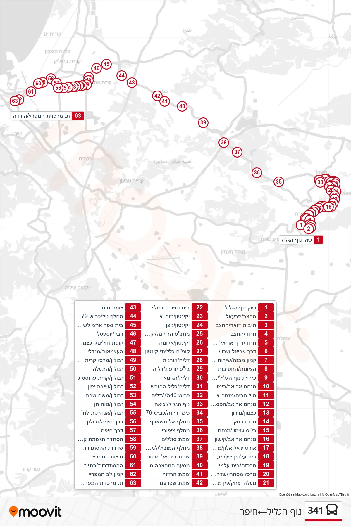 341 bus Line (Nof HaGalil‎→Haifa) route and stops on a map