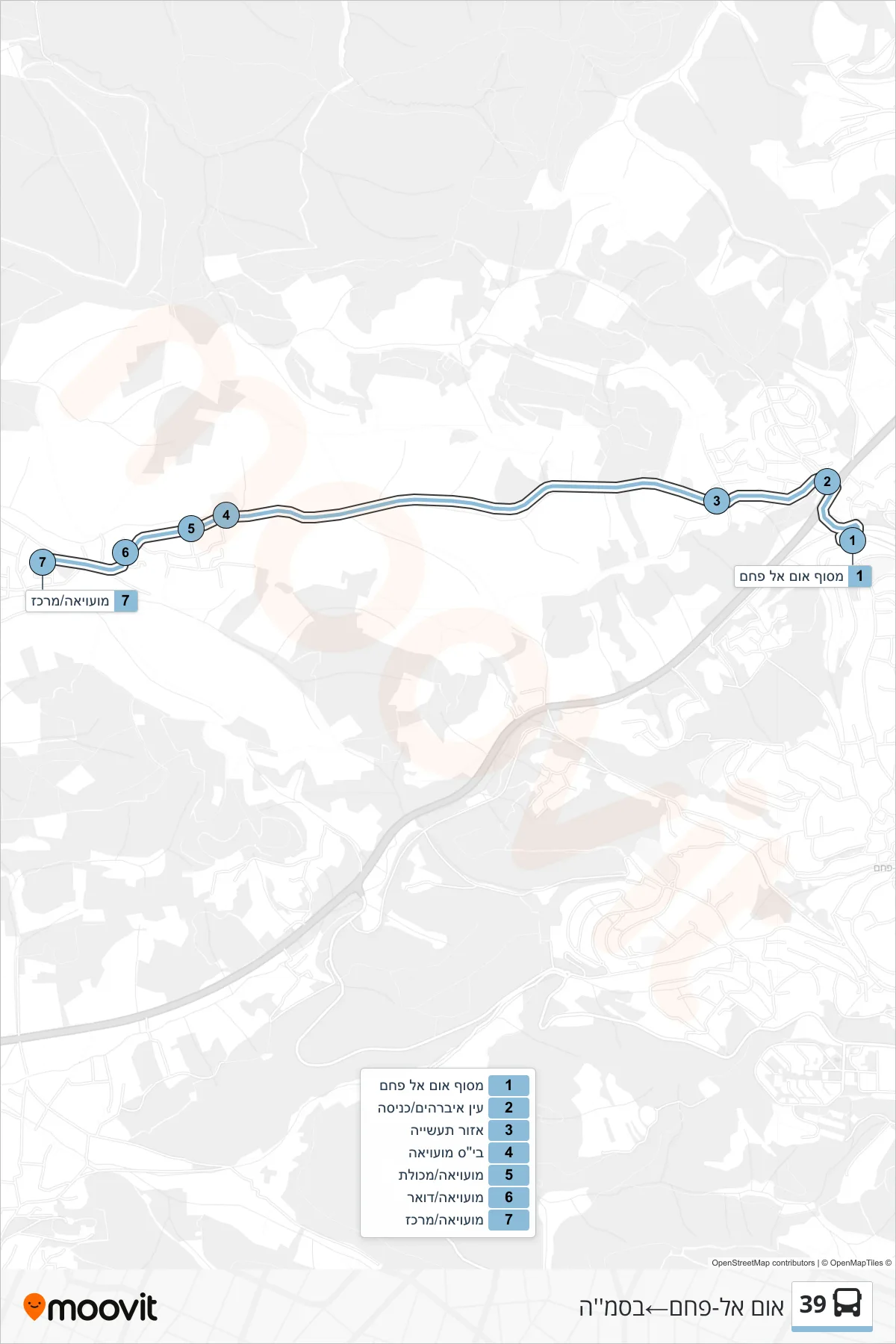 39 bus Line (Umm al-Fahm→Basma) route and stops on a map