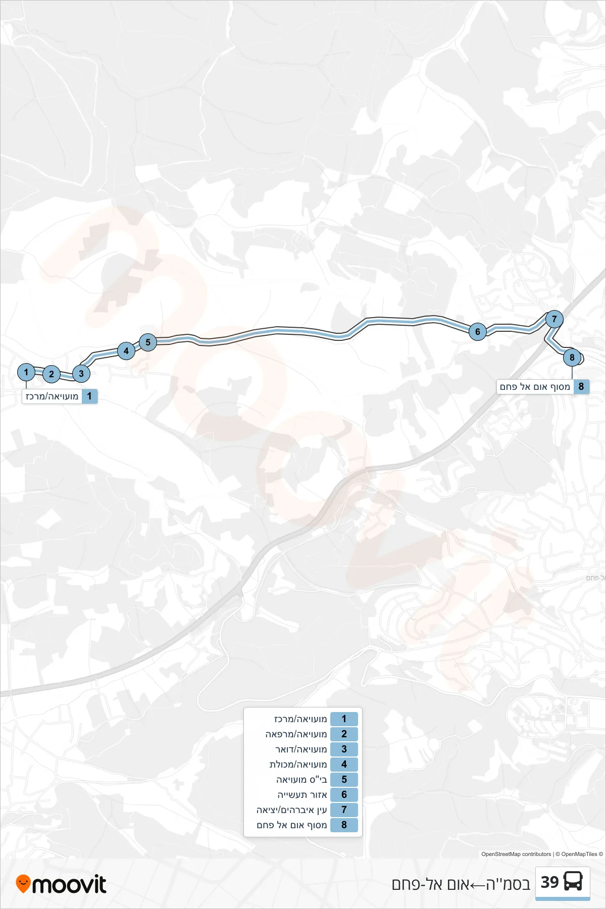 39 bus Line (Basma→Umm al-Fahm) route and stops on a map