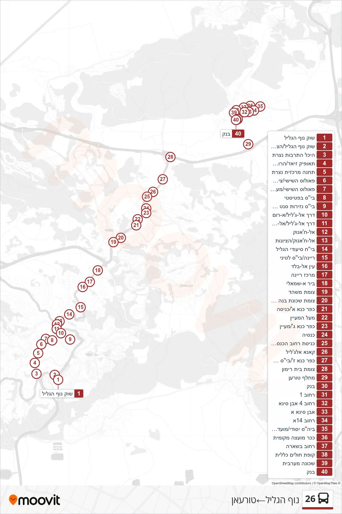 26 bus Line (Nof HaGalil→Tur'an) route and stops on a map
