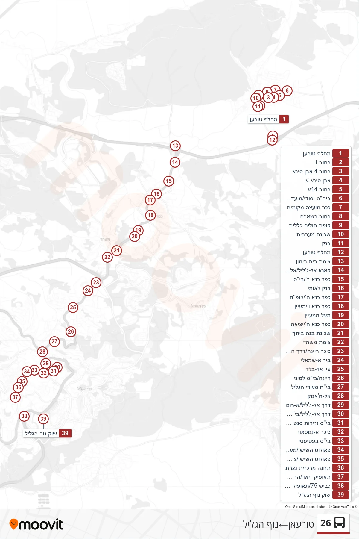 26 bus Line (Tur'an‎→Nof HaGalil) route and stops on a map