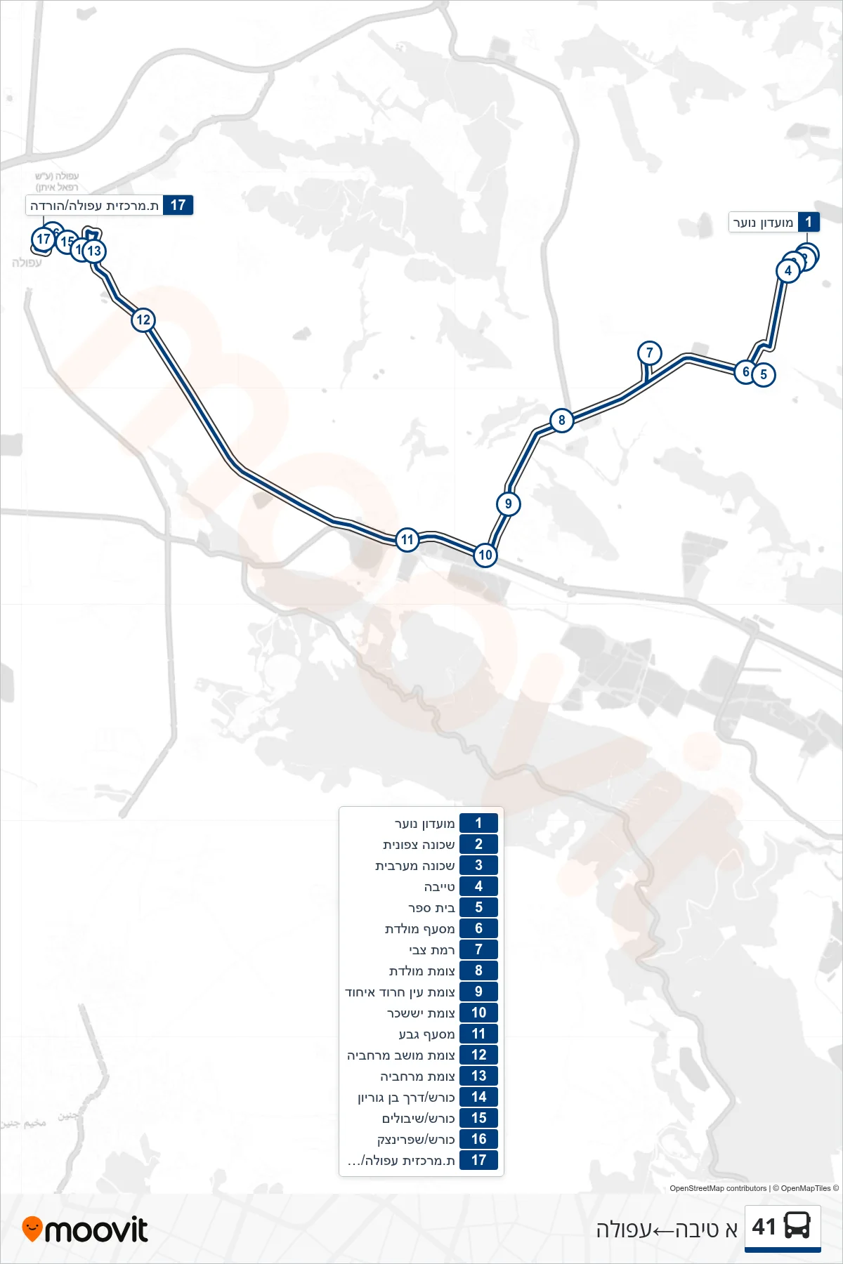 41 bus Line (Et Tira‎→Afula) route and stops on a map