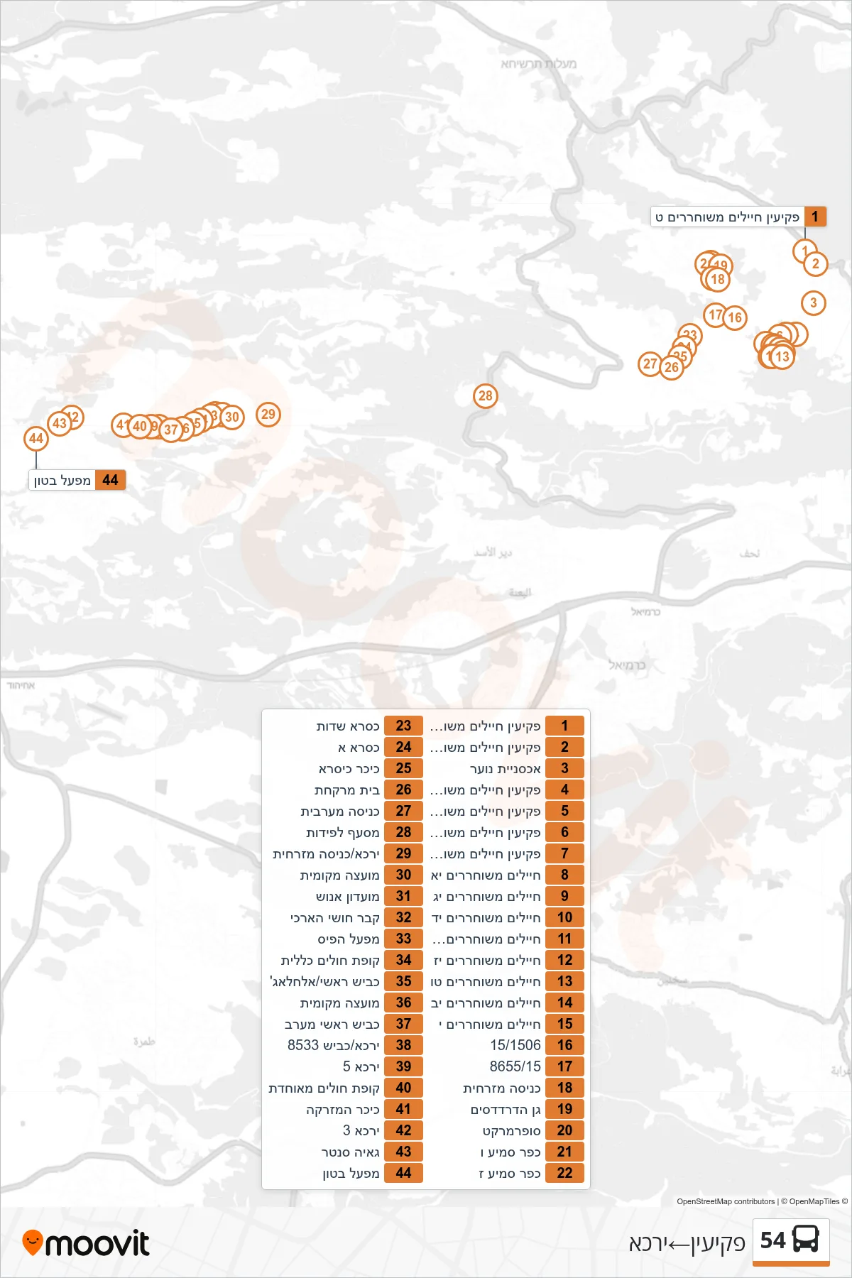 54 bus Line (Peki'in‎→Yarka) route and stops on a map