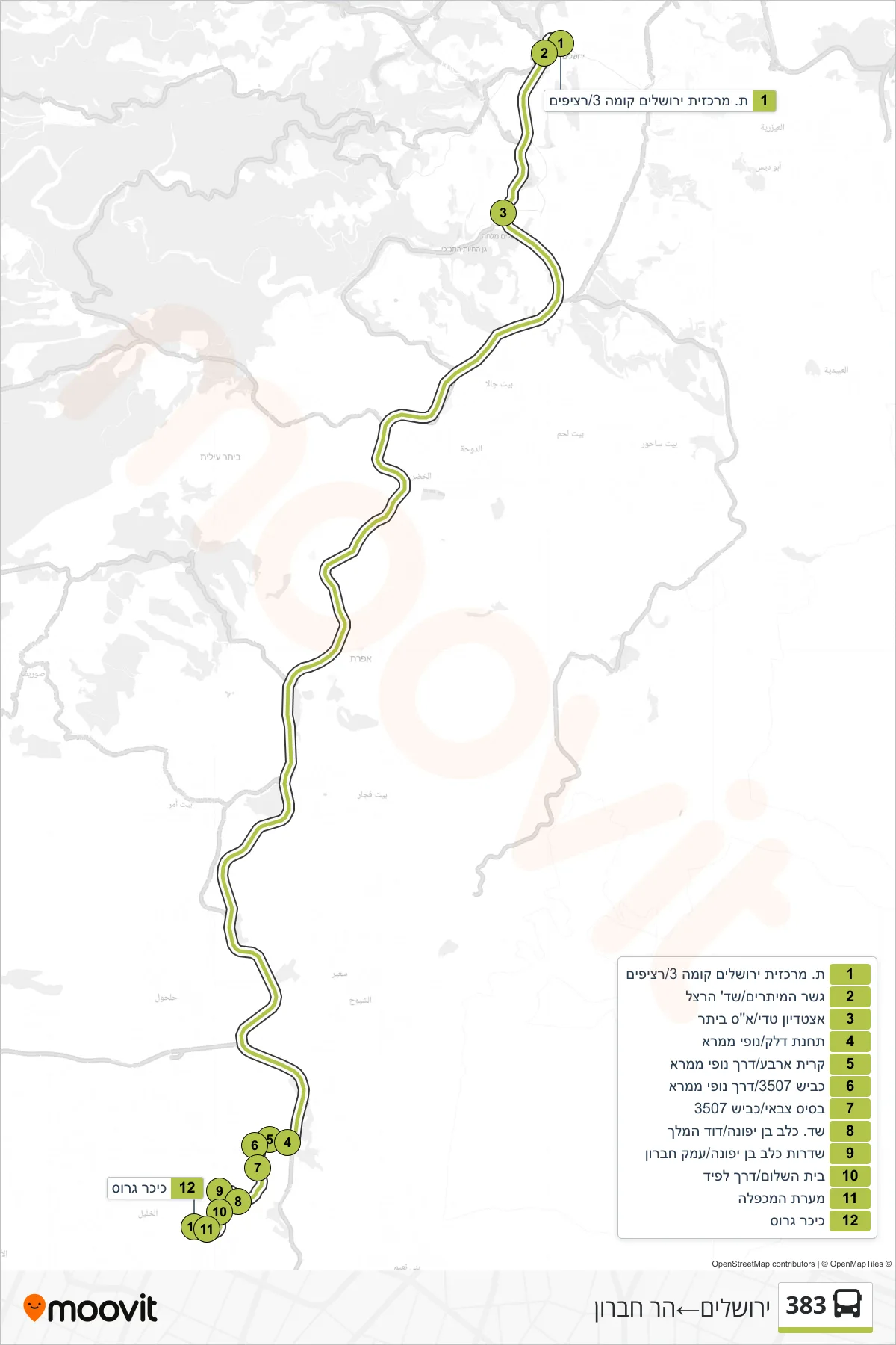 383 bus Line (Jerusalem‎→Har Hebron) route and stops on a map