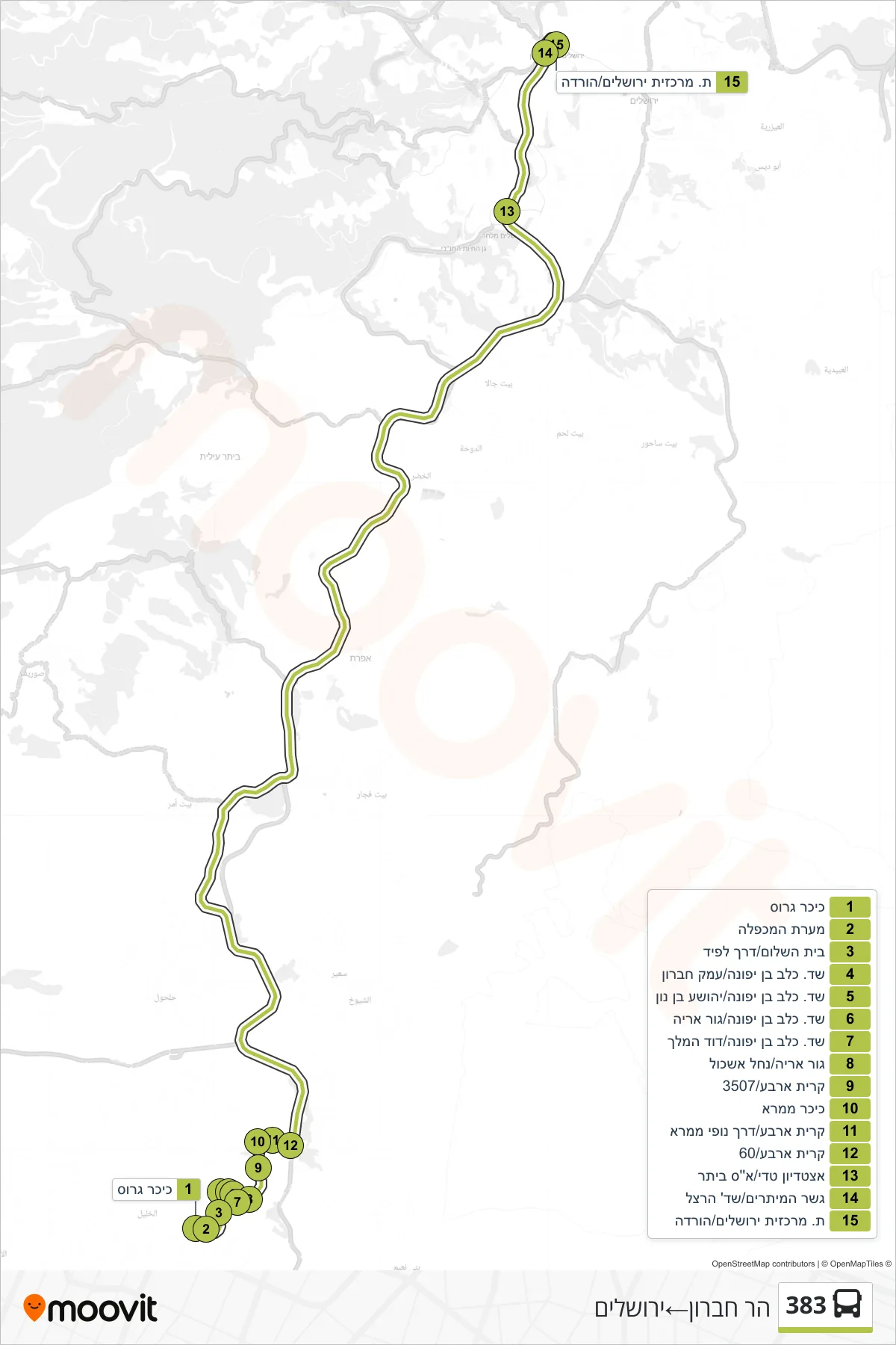 383 bus Line (Har Hebron→Jerusalem) route and stops on a map