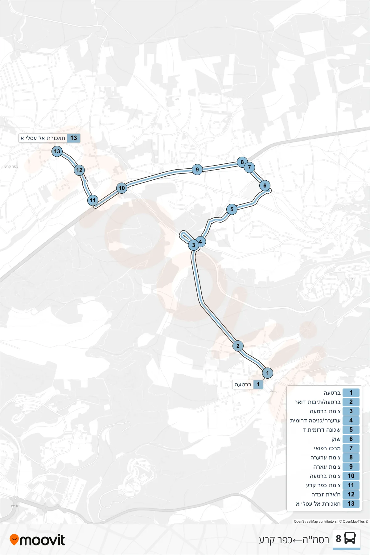 8 bus Line (Basma‎→Kafr Qara) route and stops on a map