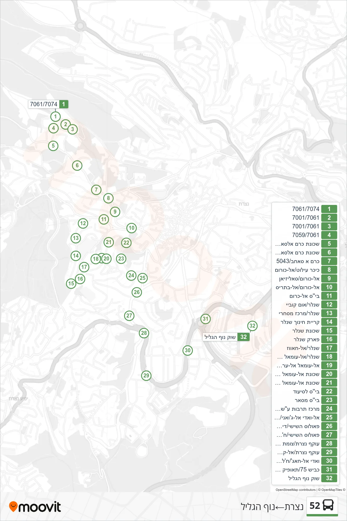 52  Line (Nazareth‎→Nof HaGalil) route and stops on a map