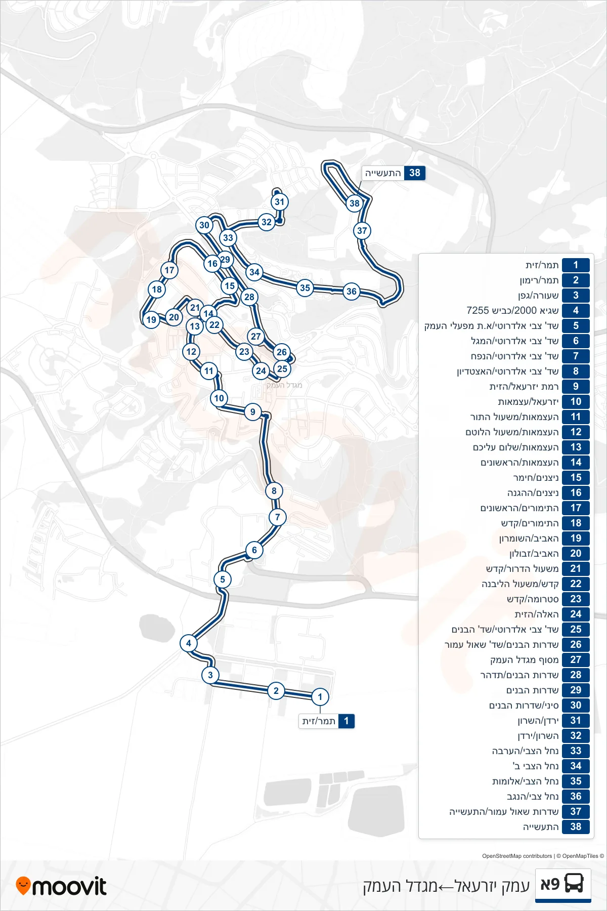 9A bus Line (Emek Yizre'el‎→Migdal HaEmek) route and stops on a map