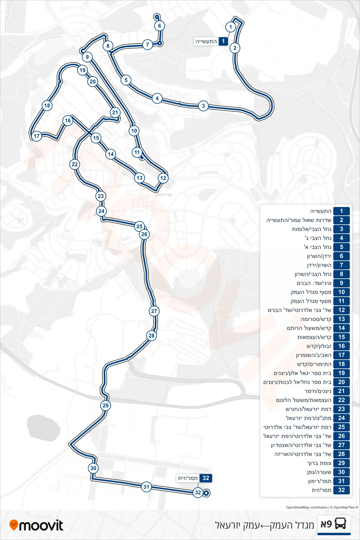 9A bus Line (Migdal HaEmek‎→Emek Yizre'el) route and stops on a map