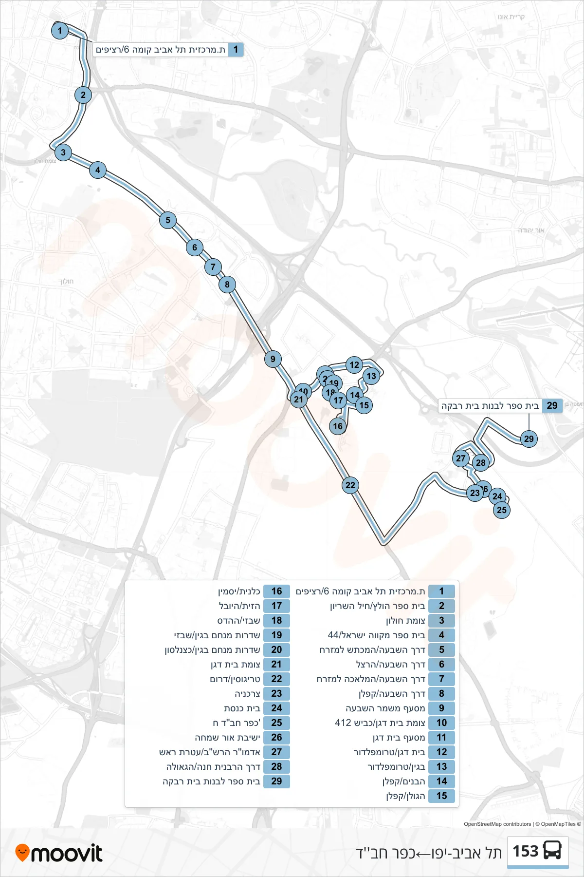 153 bus Line (Tel Aviv-Yafo→Kfar Chabad) route and stops on a map