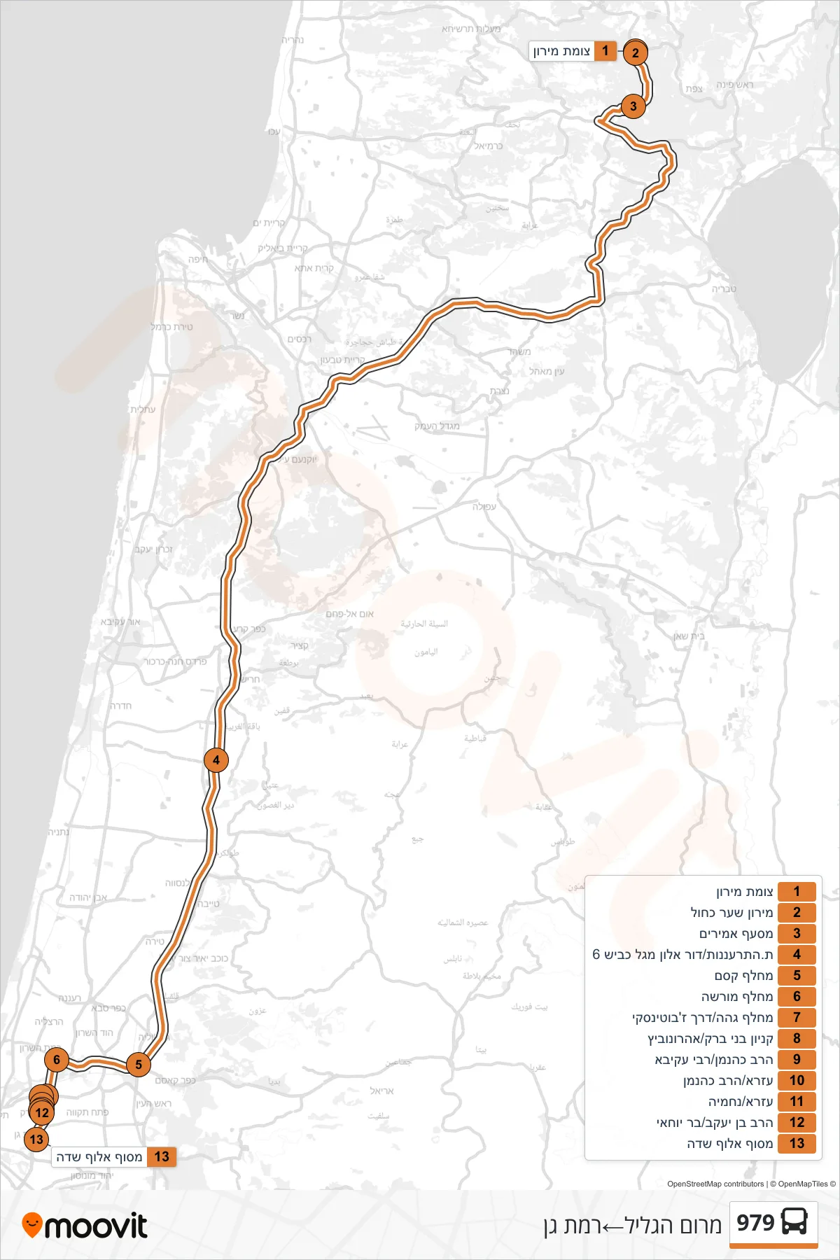 979 bus Line (Merom HaGalil‎→Ramat Gan) route and stops on a map