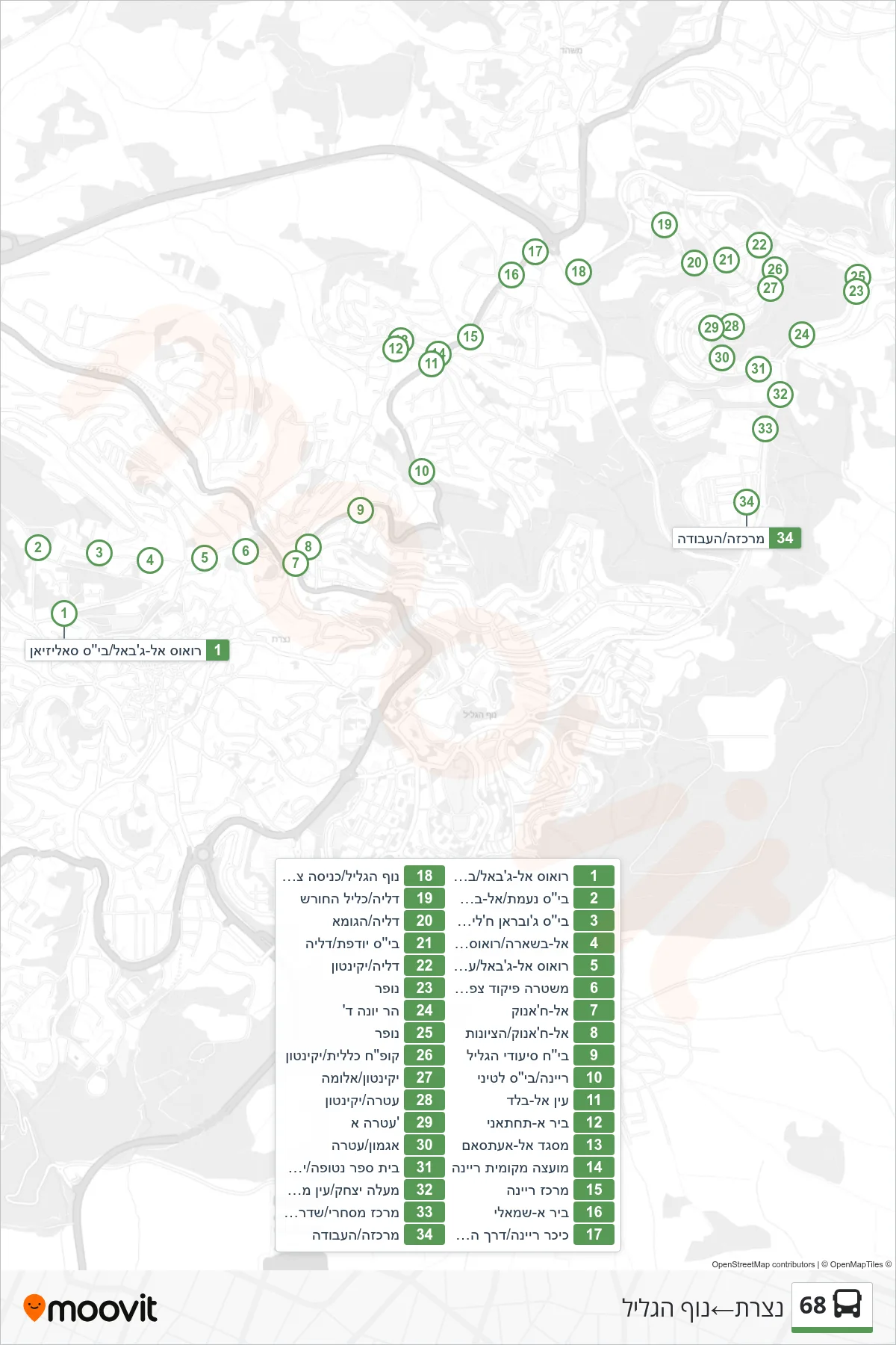 68 bus Line (Nazareth‎→Nof HaGalil) route and stops on a map