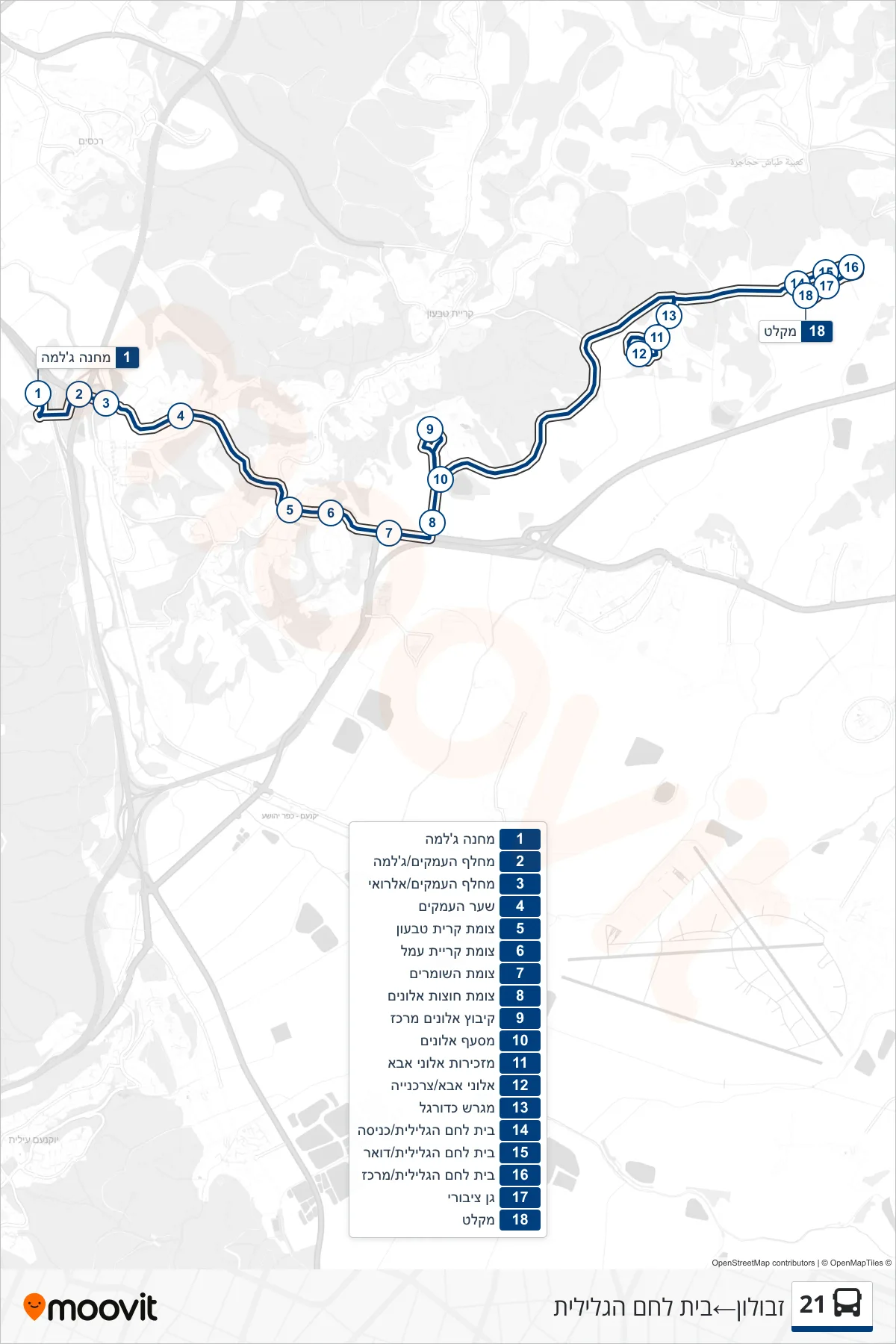 21 bus Line (Zevulun→Beit Lehem HaGlilit) route and stops on a map
