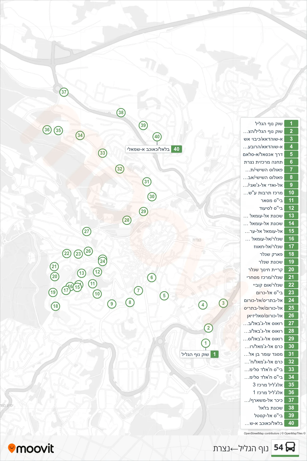 54 bus Line (Nof HaGalil‎→Nazareth) route and stops on a map