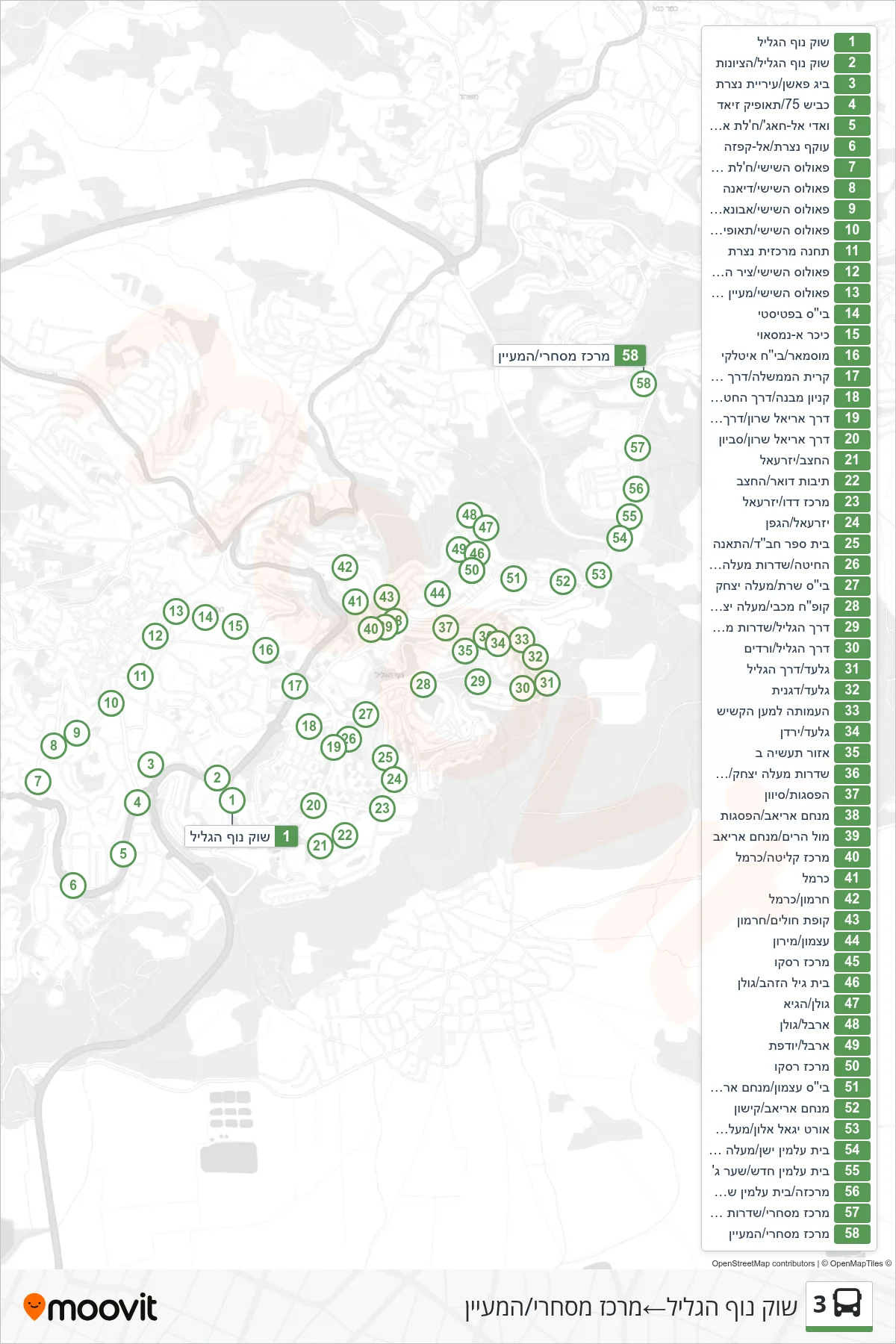 3 bus Line (Nof HaGalil Market‎→Commercial Center/HaMaayan) route and stops on a map